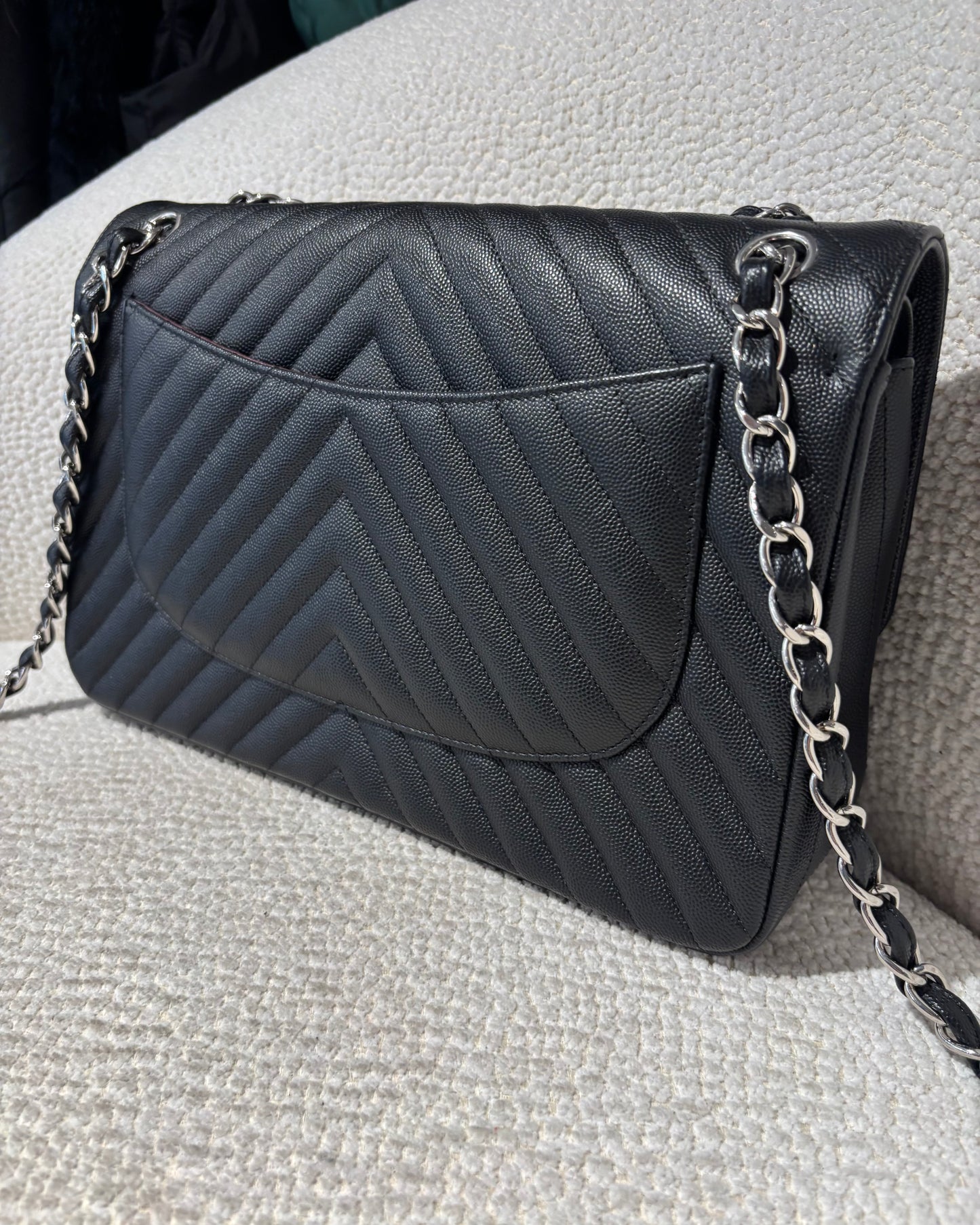 Chanel Classic Flap Bag Chevron - Jumbo - Black Caviar & Silver Hardware