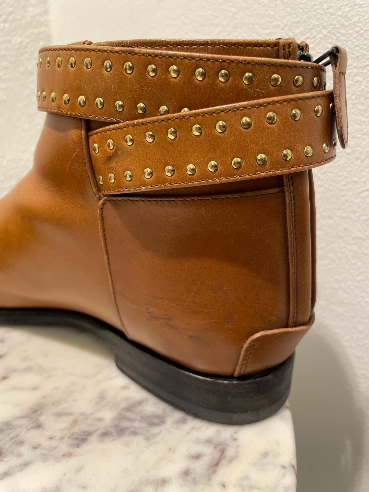 Vintage Balenciaga Cognac Tan Leather Studded Ankle Boots - 37,5