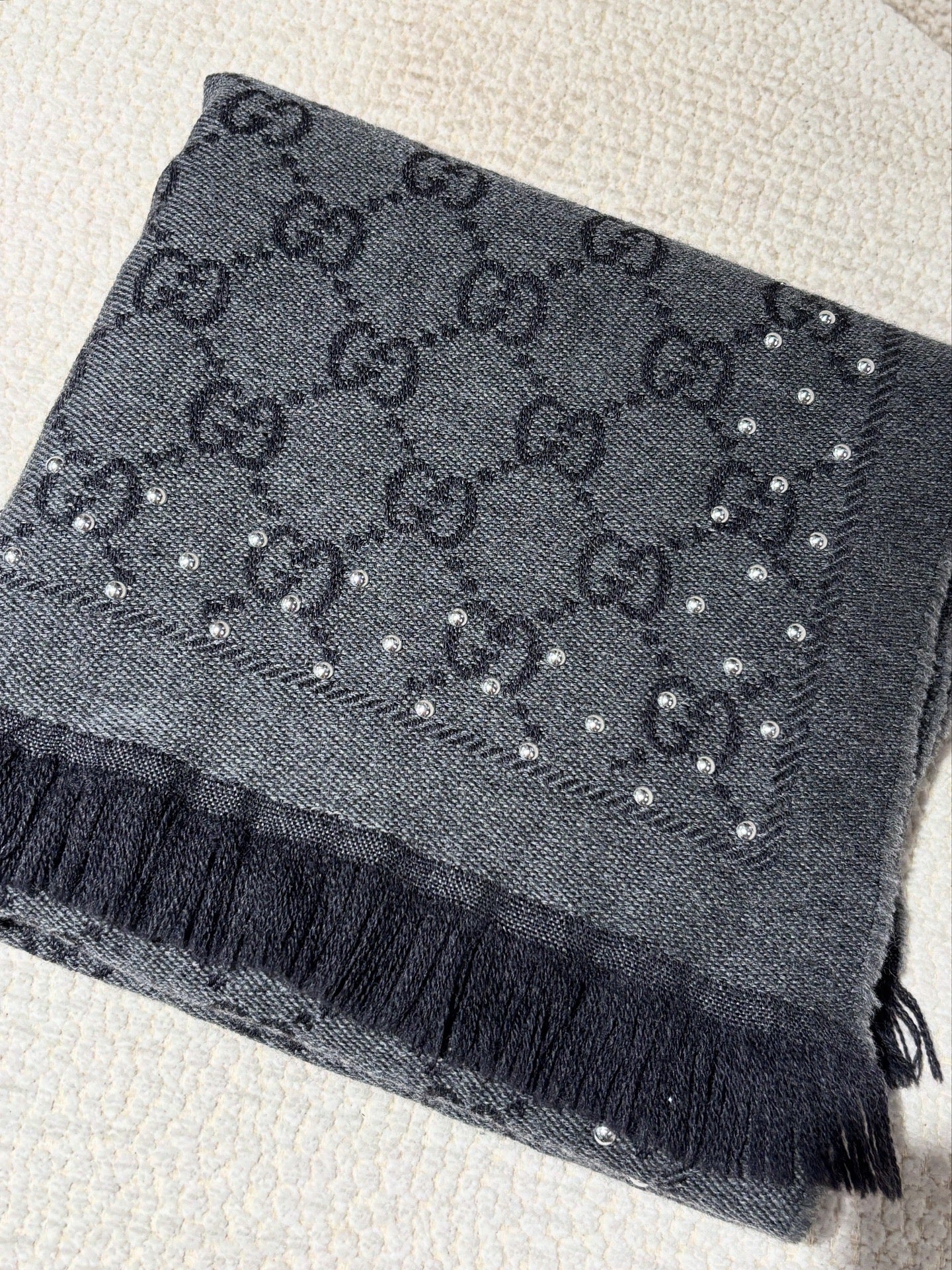 Gucci Monogram Scarf – Two-Tone Grey with Stud Details