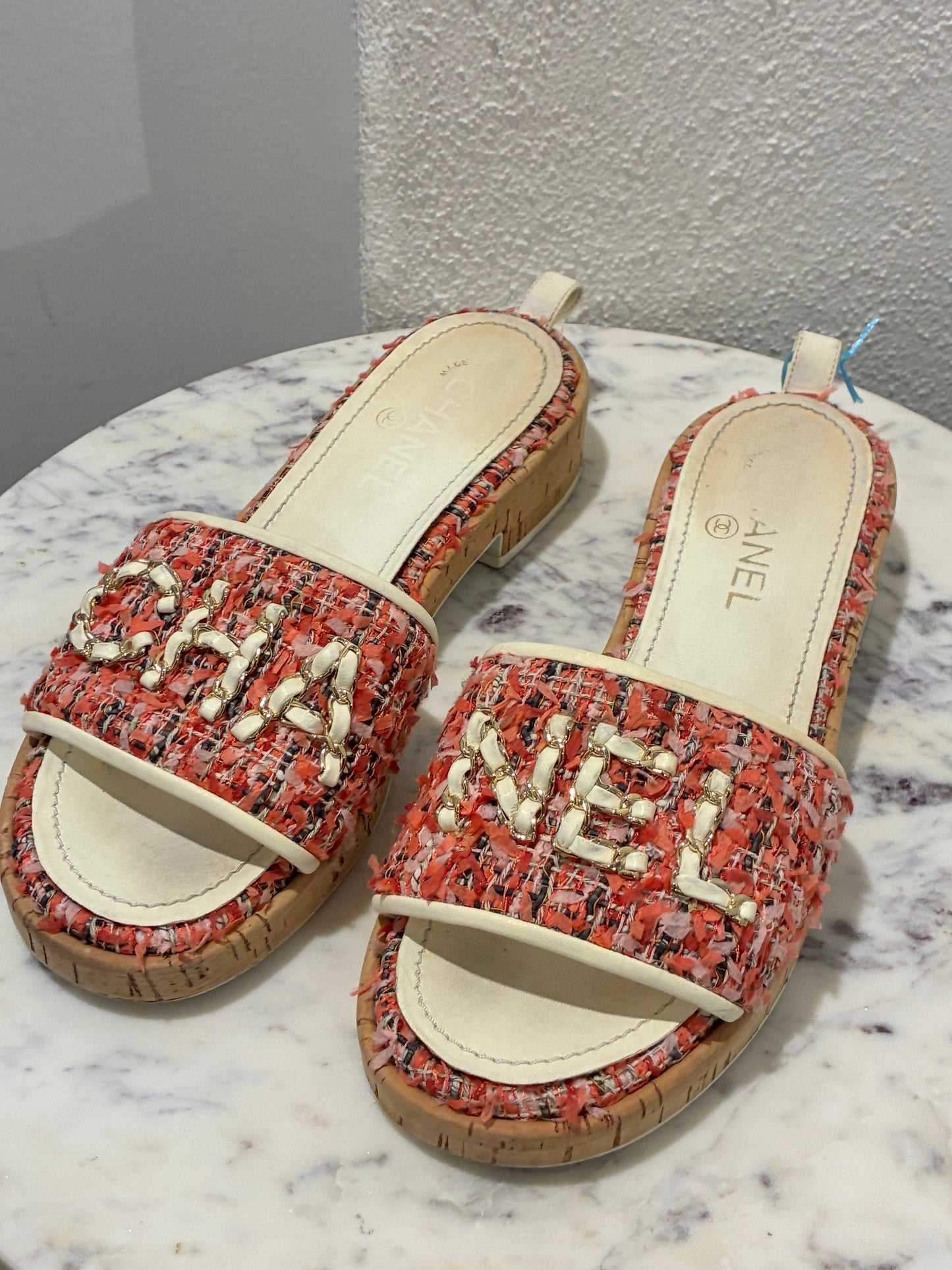 Chanel Tweed Mules – Pink with Chain Logo text – EU 40