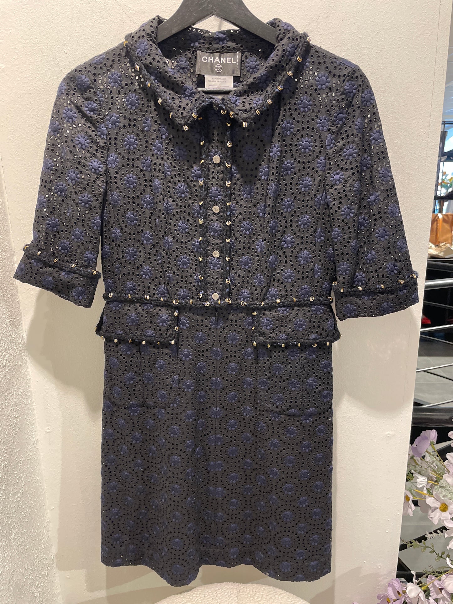 Chanel dress - Black & Navy Broderie Anglaise & CC bottons - EU36
