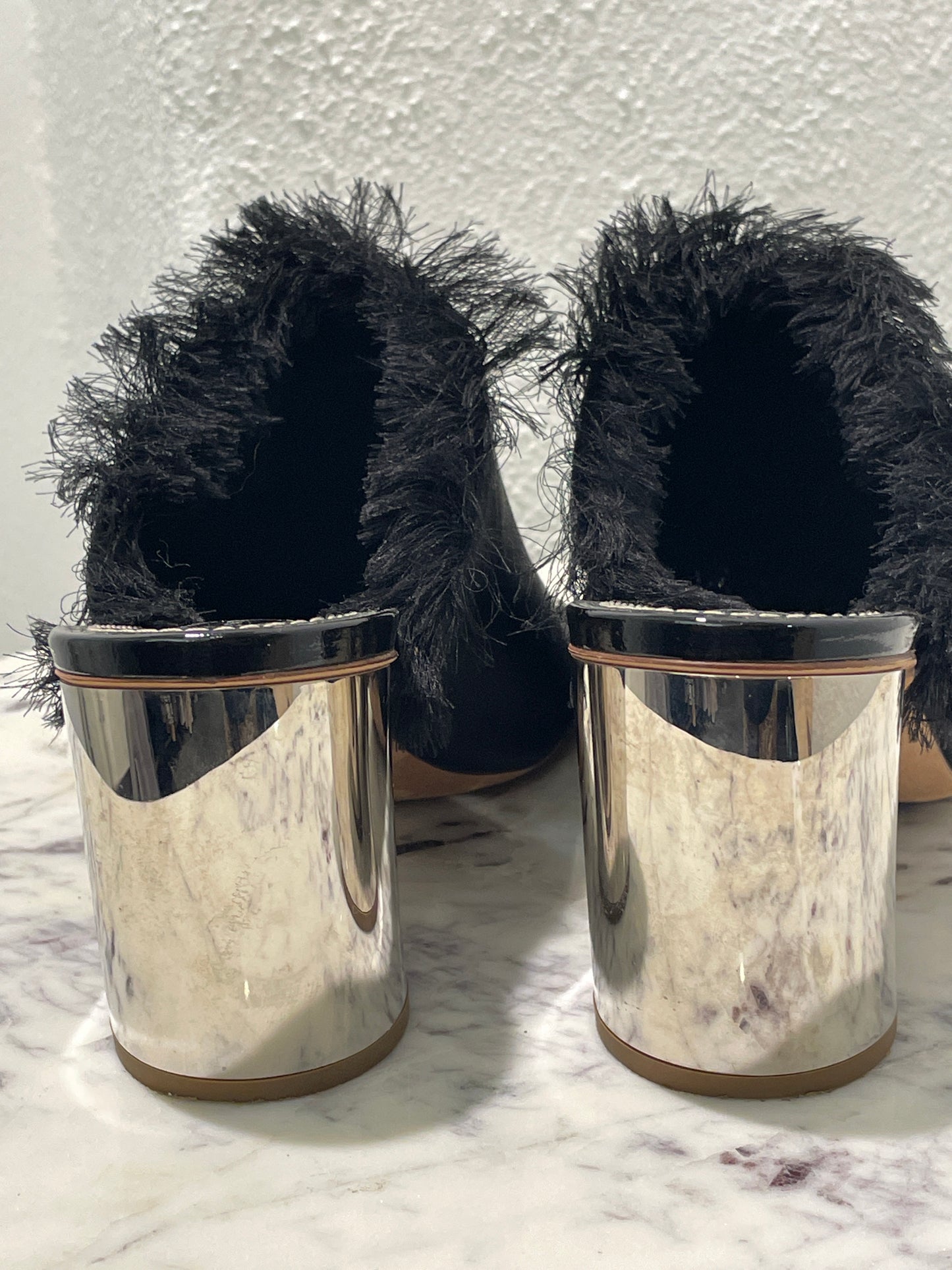 Proenza Schouler - Fringed Satin Open-Toe Mules with Metallic Block Heel - 39