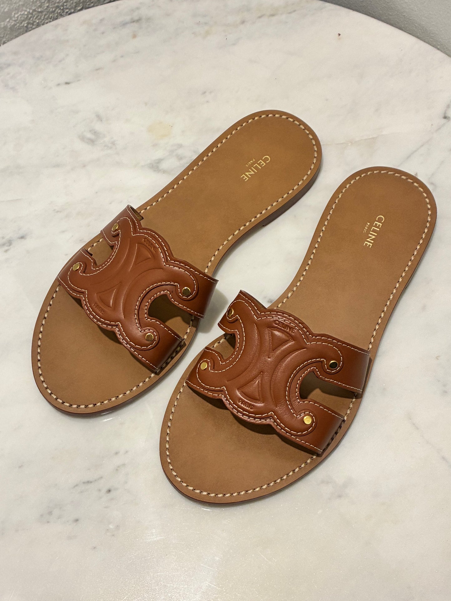 Celine Triomphe Sandals
 – Tan Leather - Size 40