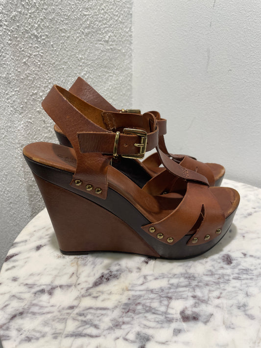 Carvela Kurt Geiger 'Katey' Tan Brown Leather Platform Wedge Sandals - 39