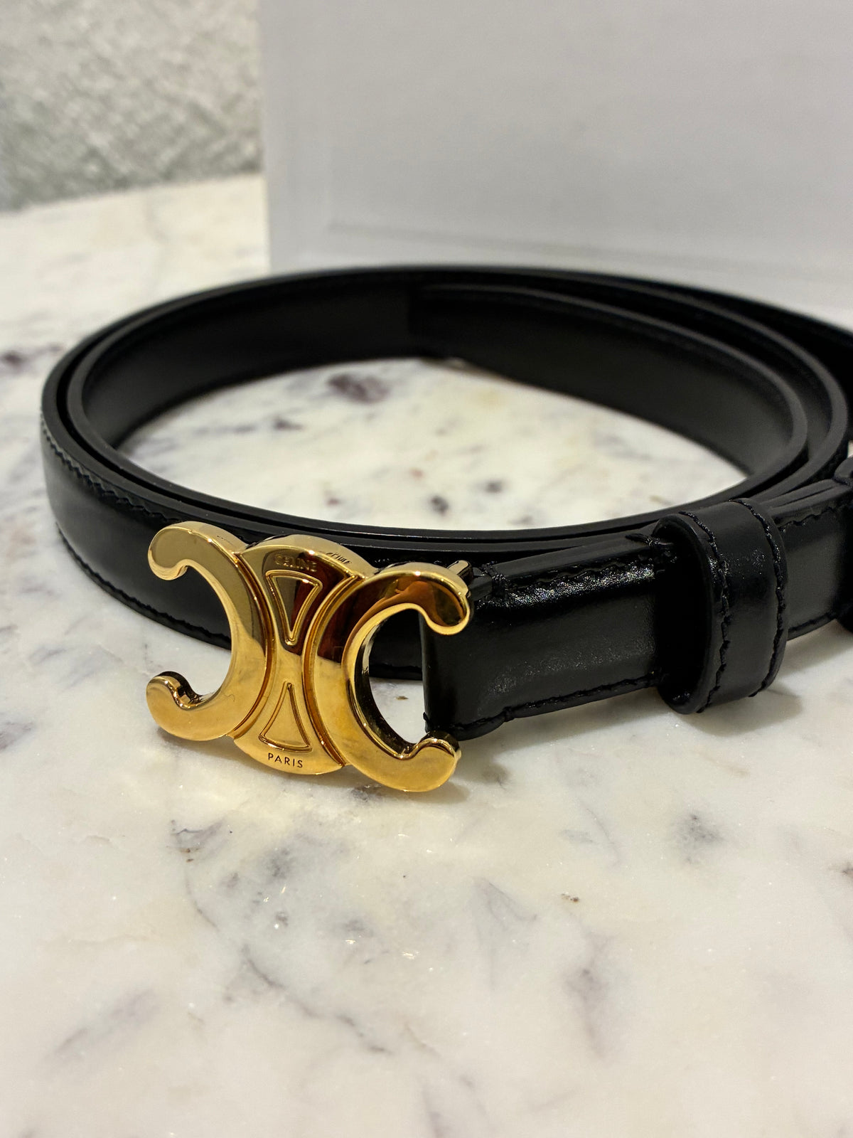 Celine Belt – Triomphe Belt - Black Leather & Gold Hardware - Size 80