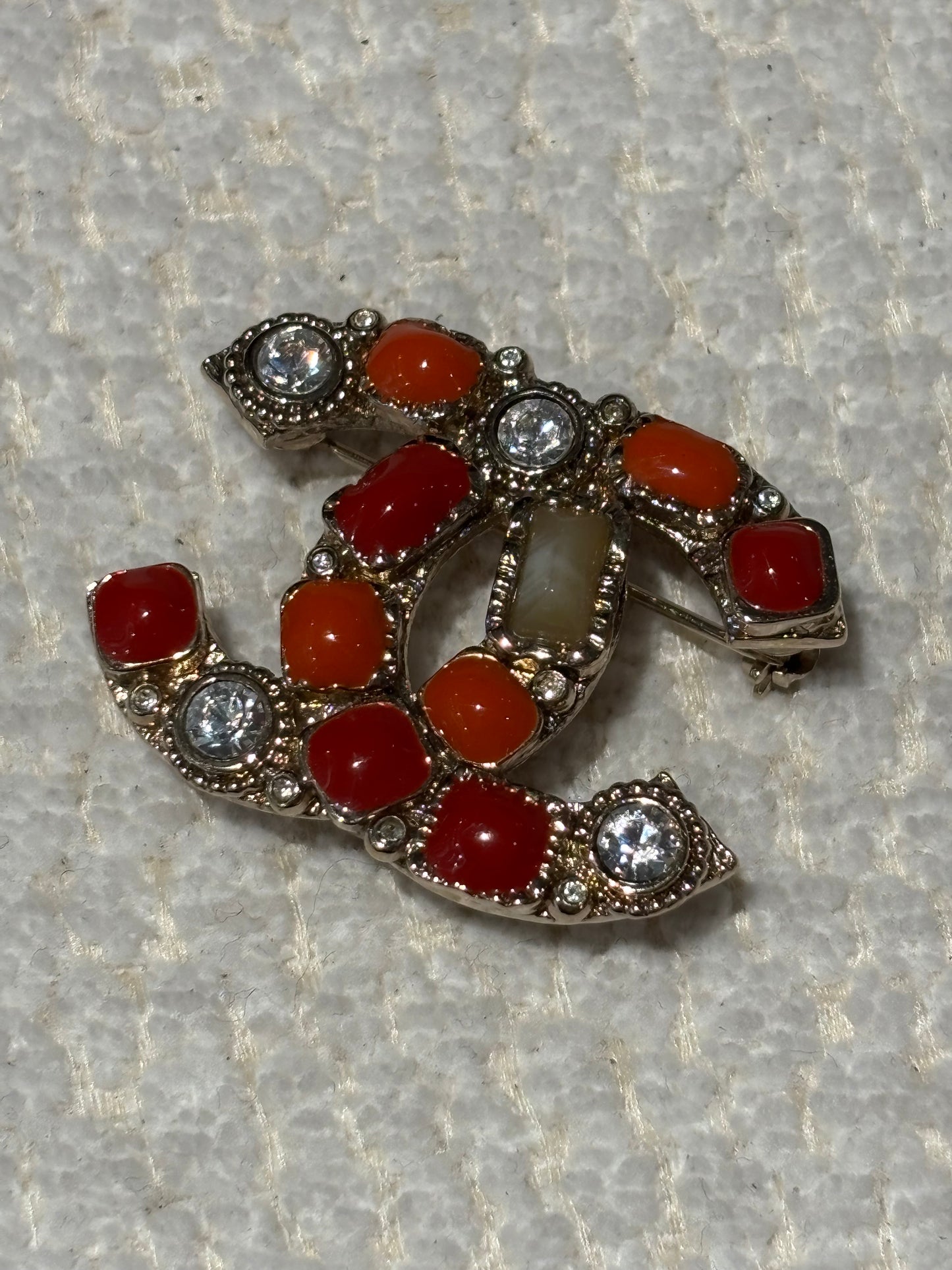 Chanel Brooch - Unique CC with Orange/Red Stones