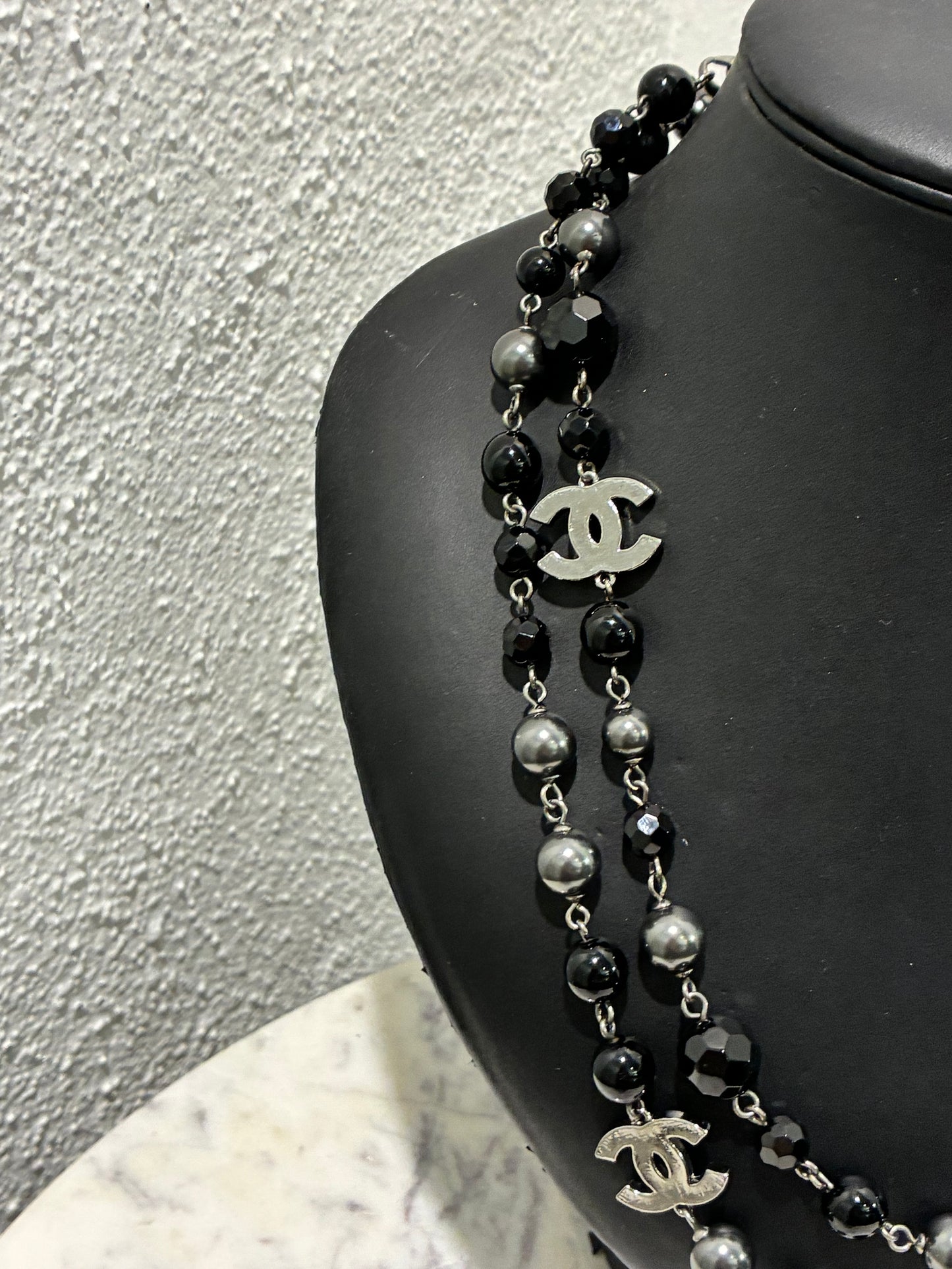 Chanel Beaded Necklace – Black Pearls & Oxidised Silver Logos