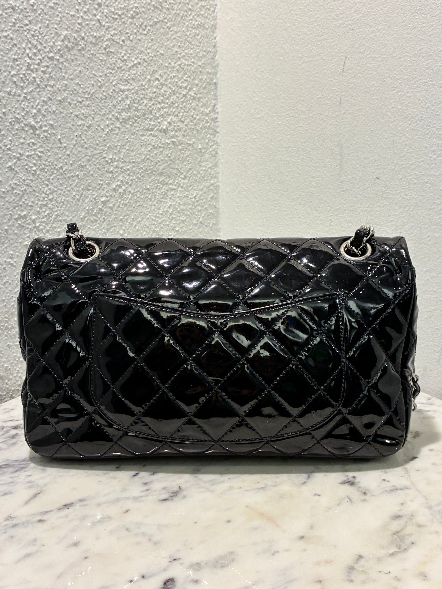 Chanel Medium Single Flap – Black Patent Leather & Silver Hardware