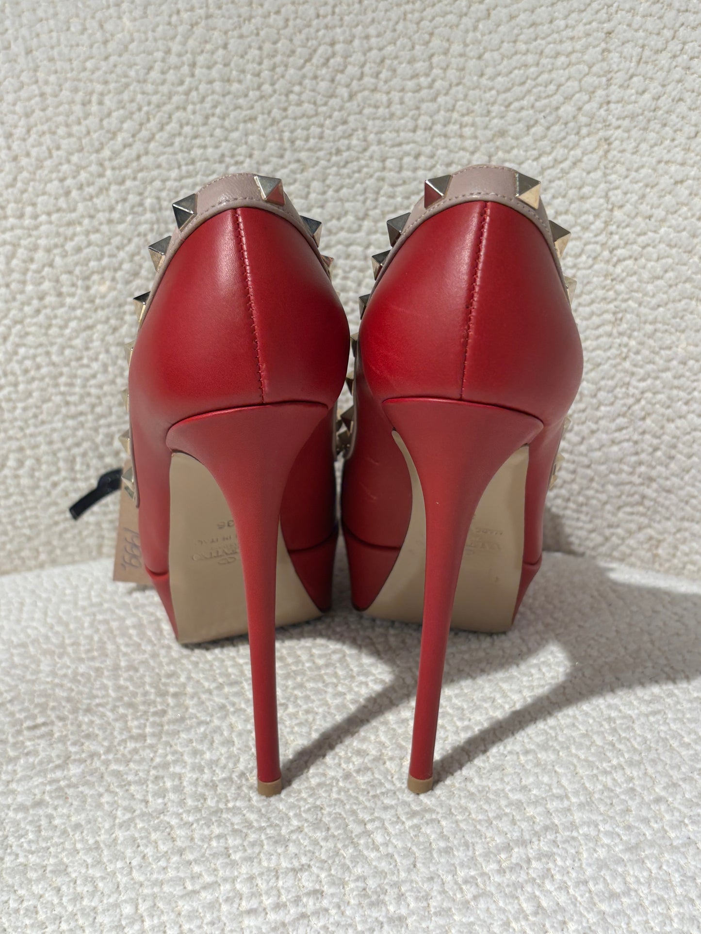 Valentino Platform Heels – Red Leather with Pink Trim & Studs - EU 36