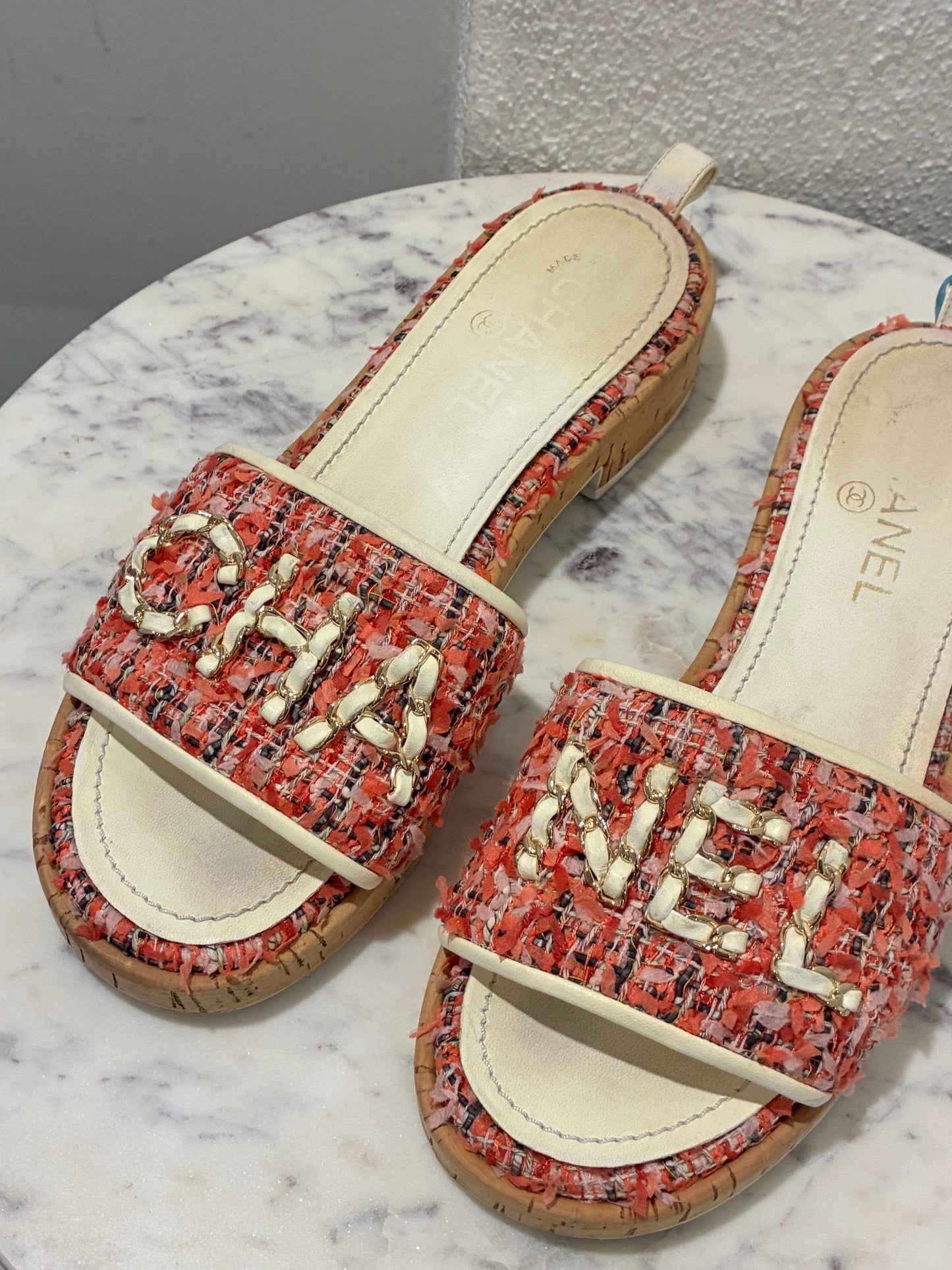Chanel Tweed Mules – Pink with Chain Logo text – EU 40