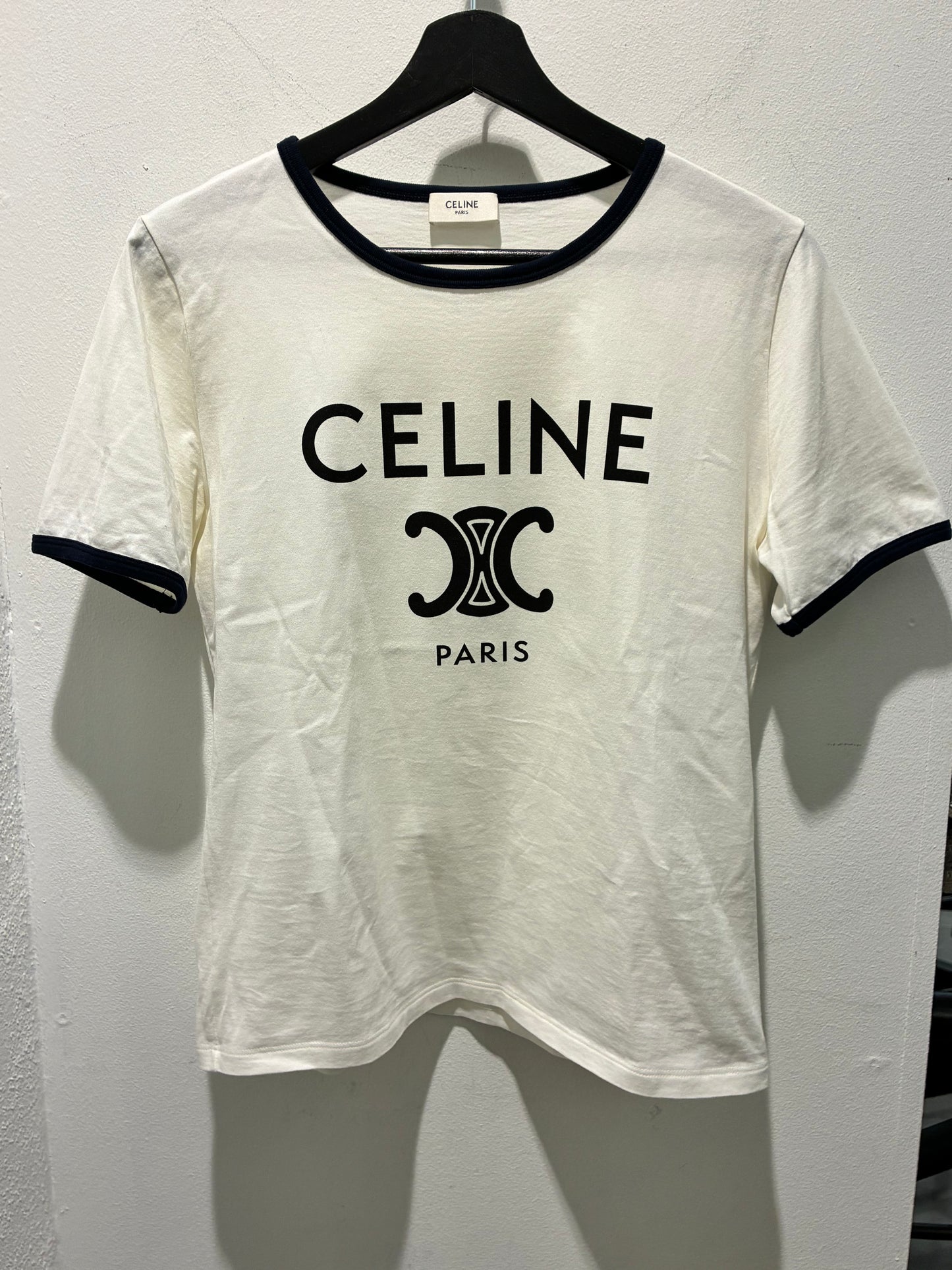 Celine Triomphe Tee - White & Navy - Size S/M