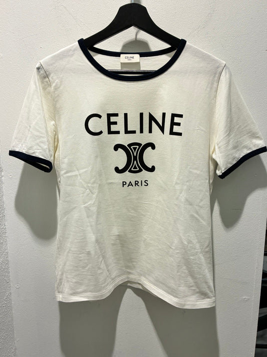 Celine Triomphe Tee - White & Navy - Size S/M