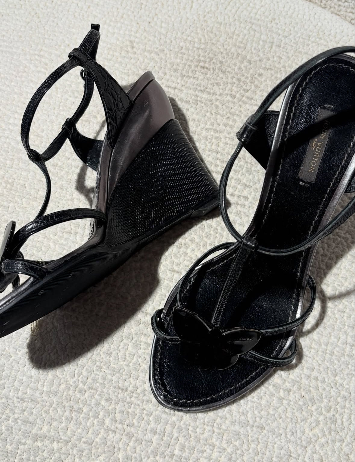 Louis Vuitton Wedge Sandals - Black Leather with Butterfly Detail - EU 40