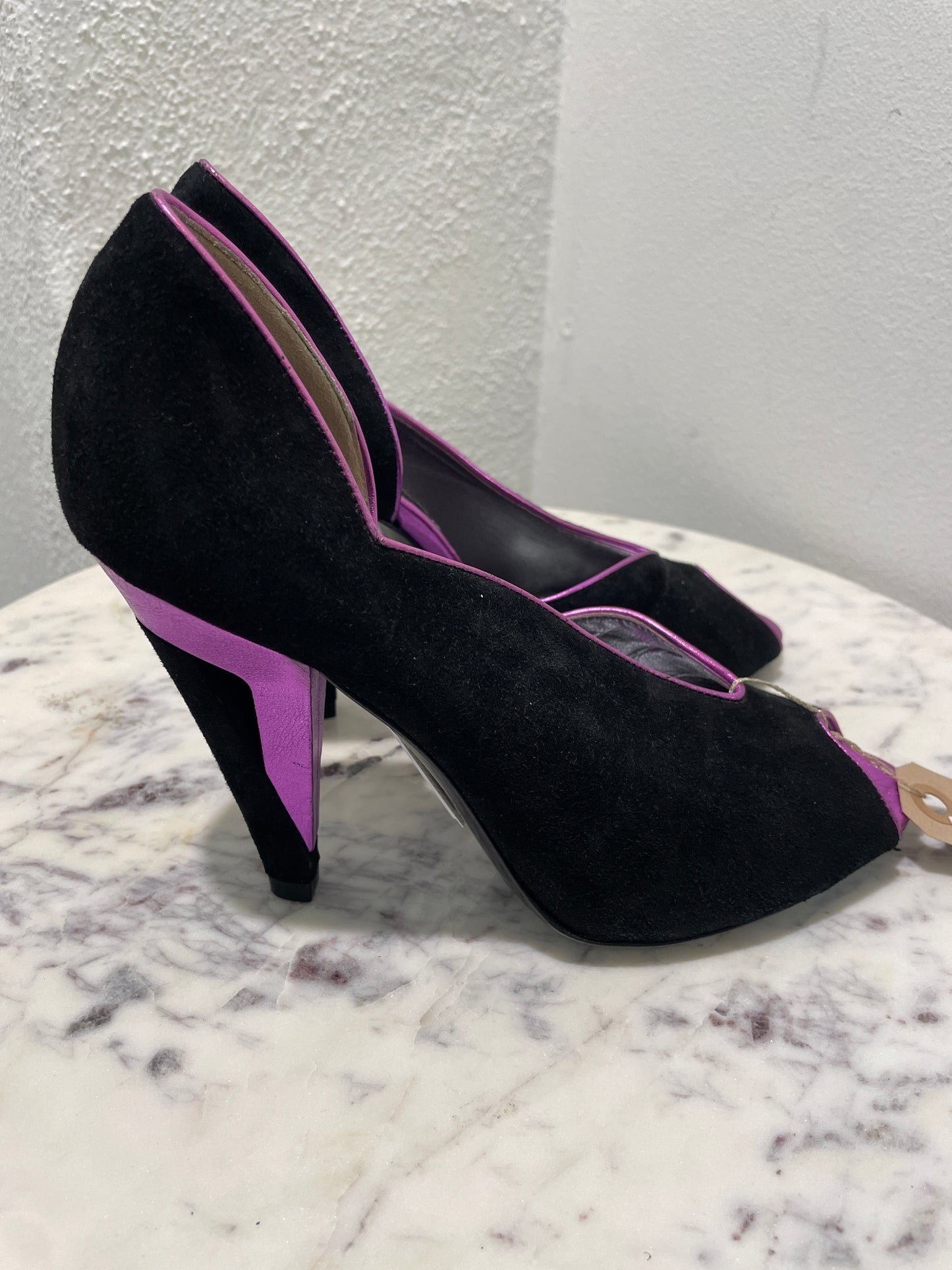 Vintage Dolce & Gabbana Black Suede Peep-Toe Pumps with Purple Heel Accents - 38