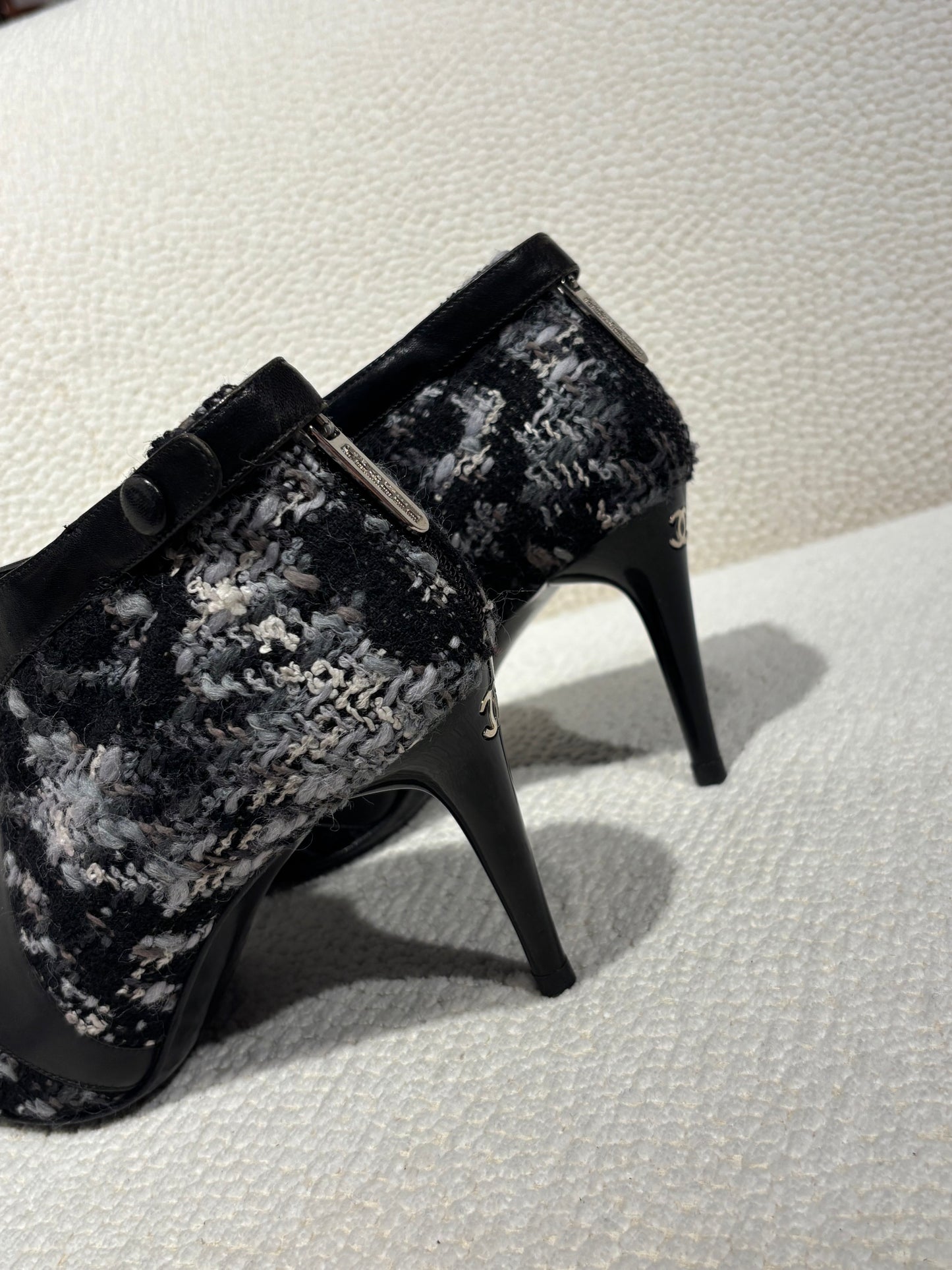 Chanel Ankle Boots – Lambskin & Camelia Bouclé in Black & Grey Mix - EU 38