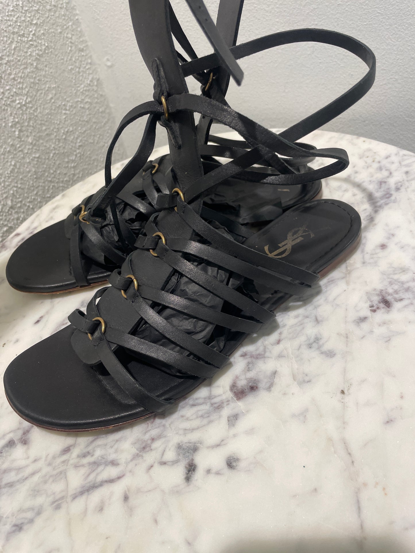 Vintage Yves Saint Laurent YSL Black Leather Lace-Up Gladiator Sandals - 37,5