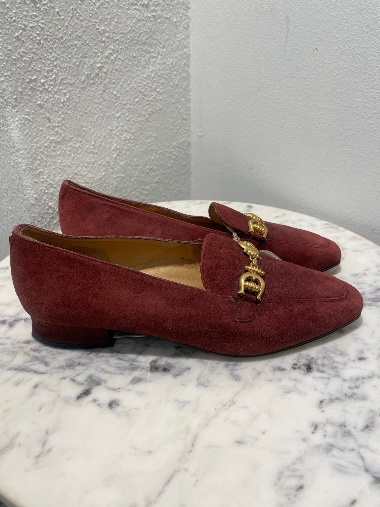 Etienne Aigner Burgundy Suede Loafers with Gold Horsebit – Like-New Condition - 37