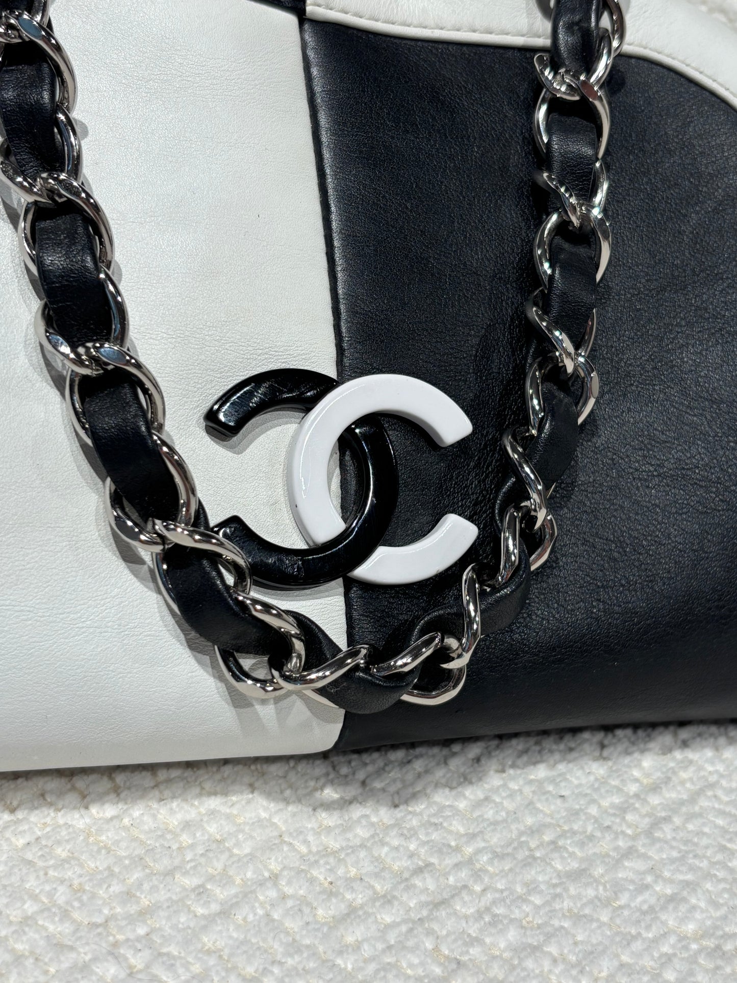 Chanel Bowling Bag –  Bicolor CC Black & White Lambskin with Silver Chain