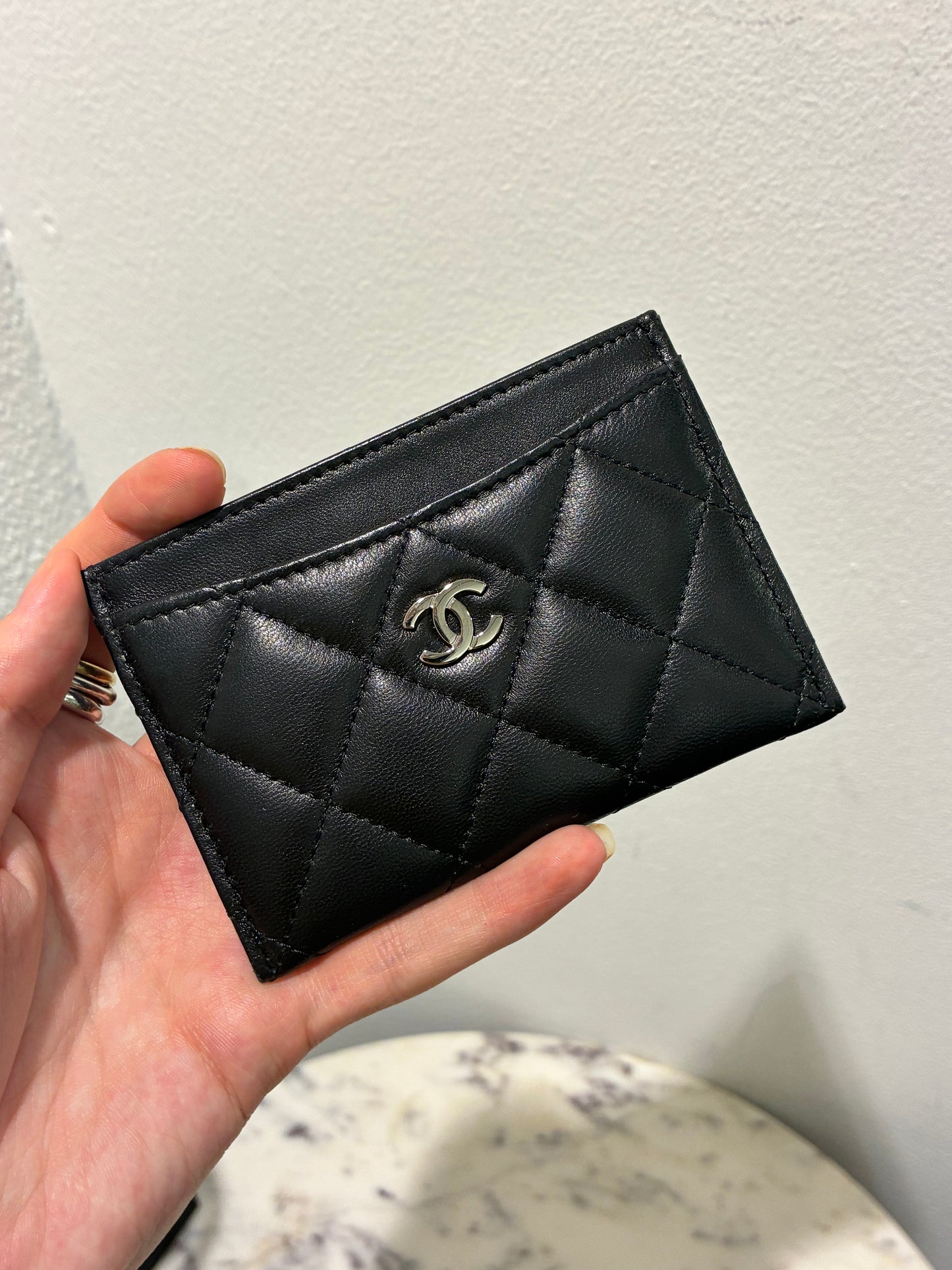 Chanel Cardholder - Black Lamsbkin & Silver Logo