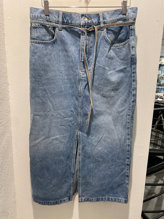 DAY — Denim Midi Skirt with Front Slit and Tie Belt - Size EU 38