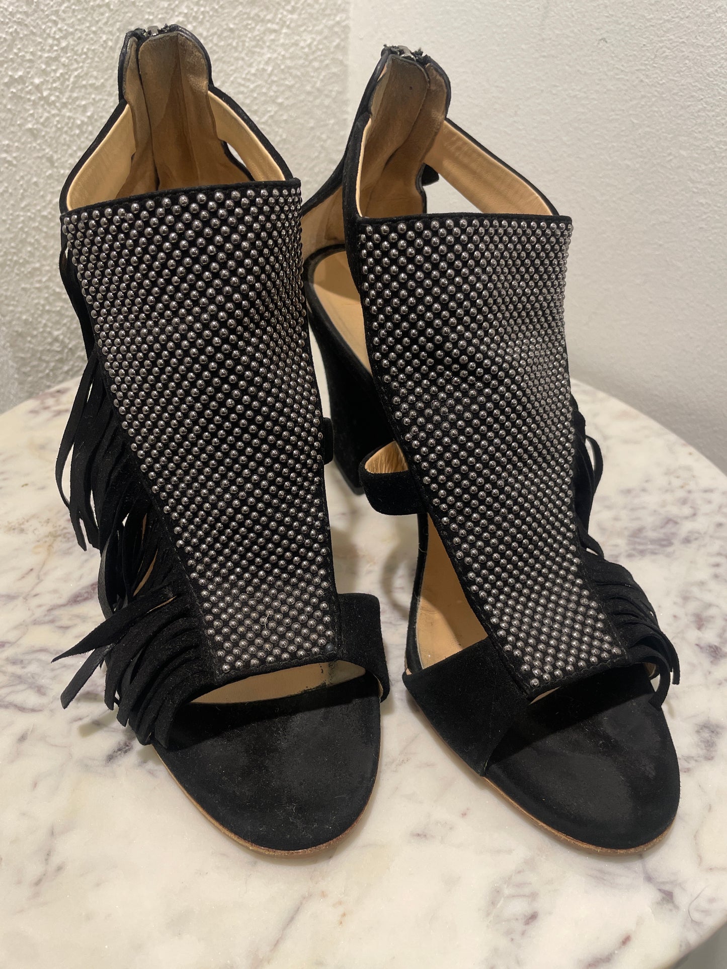 Giuseppe Zanotti Black Suede Studded Fringe Heeled Sandals - 40