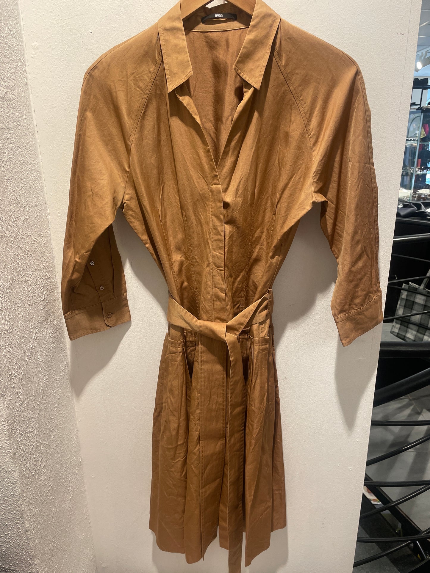 BOSS dress – Camel poplin shirtdress with tie-belt  - M