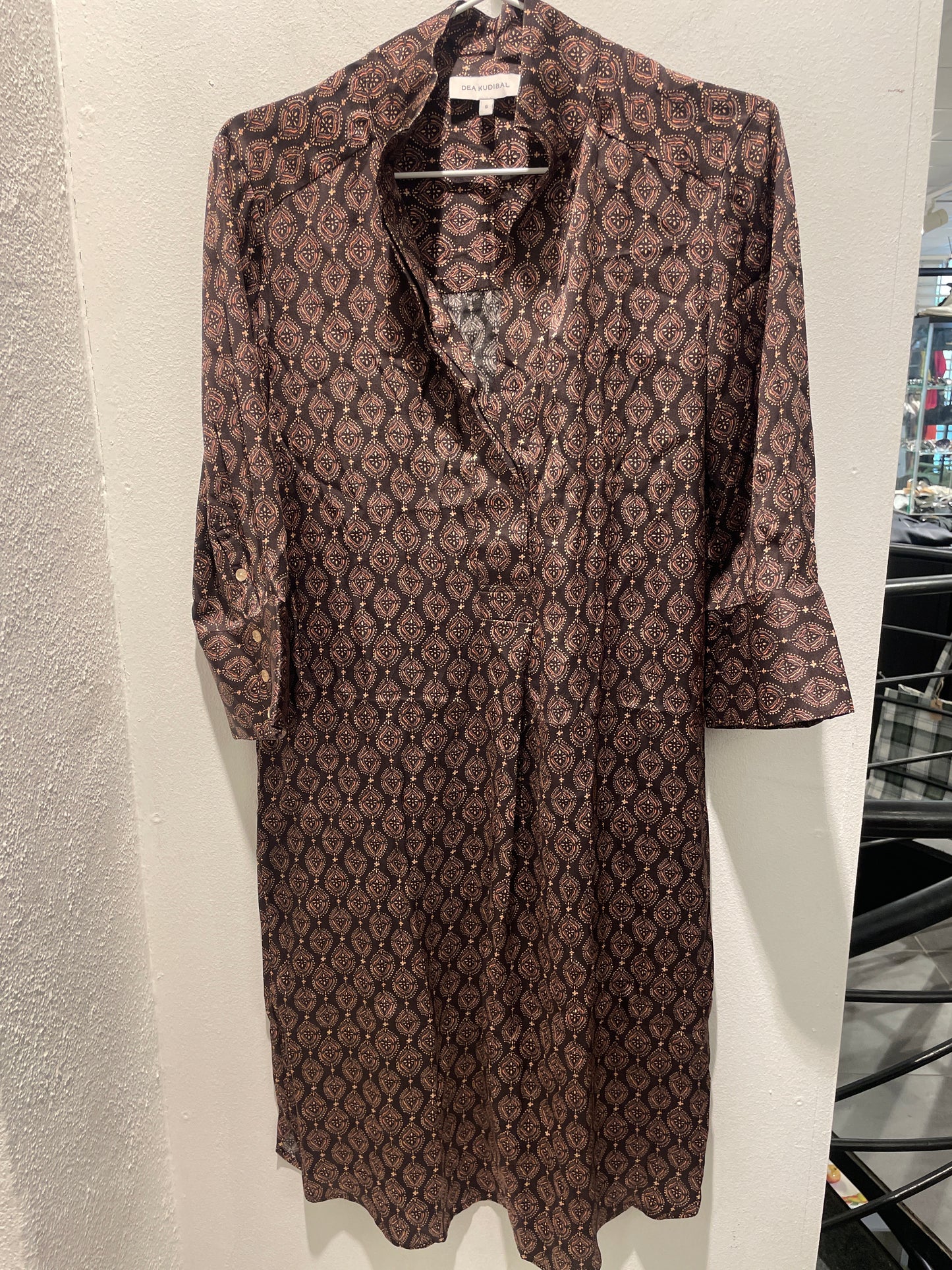 Dea Kudibal — Silk Dress with Geometric Print in Brown and Old Rose - Size S