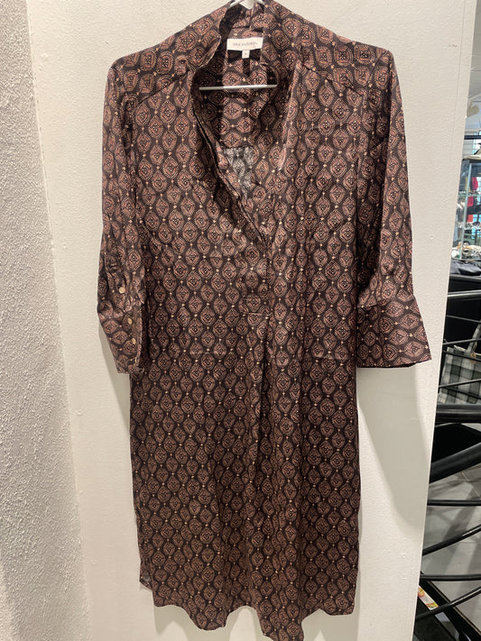 Dea Kudibal — Silk Dress with Geometric Print in Brown and Old Rose - Size S