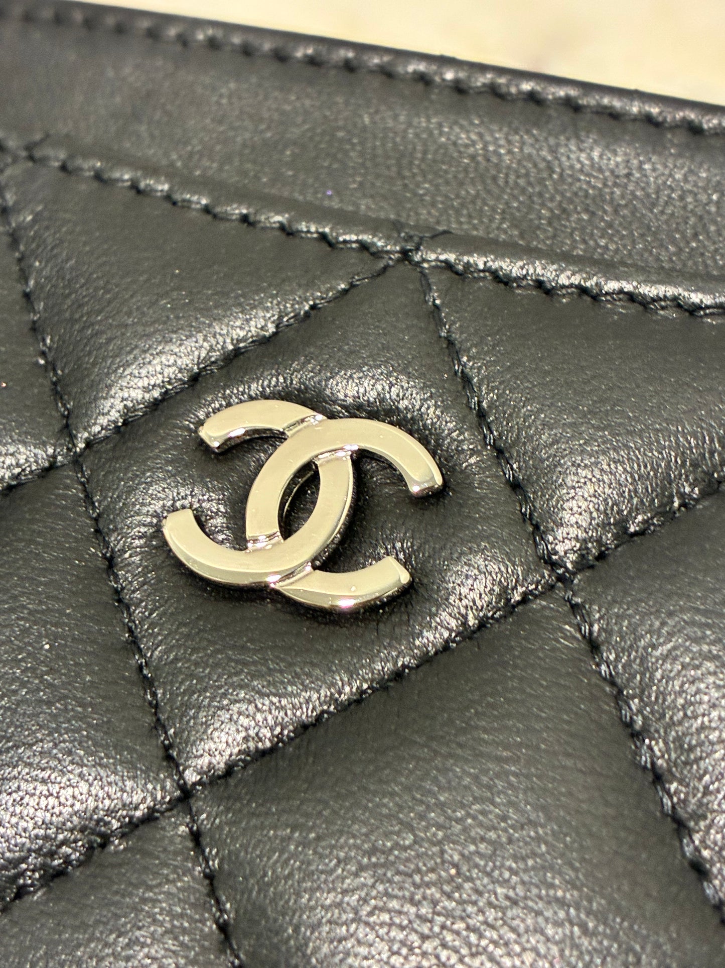 Chanel Cardholder - Black Lamsbkin & Silver Logo