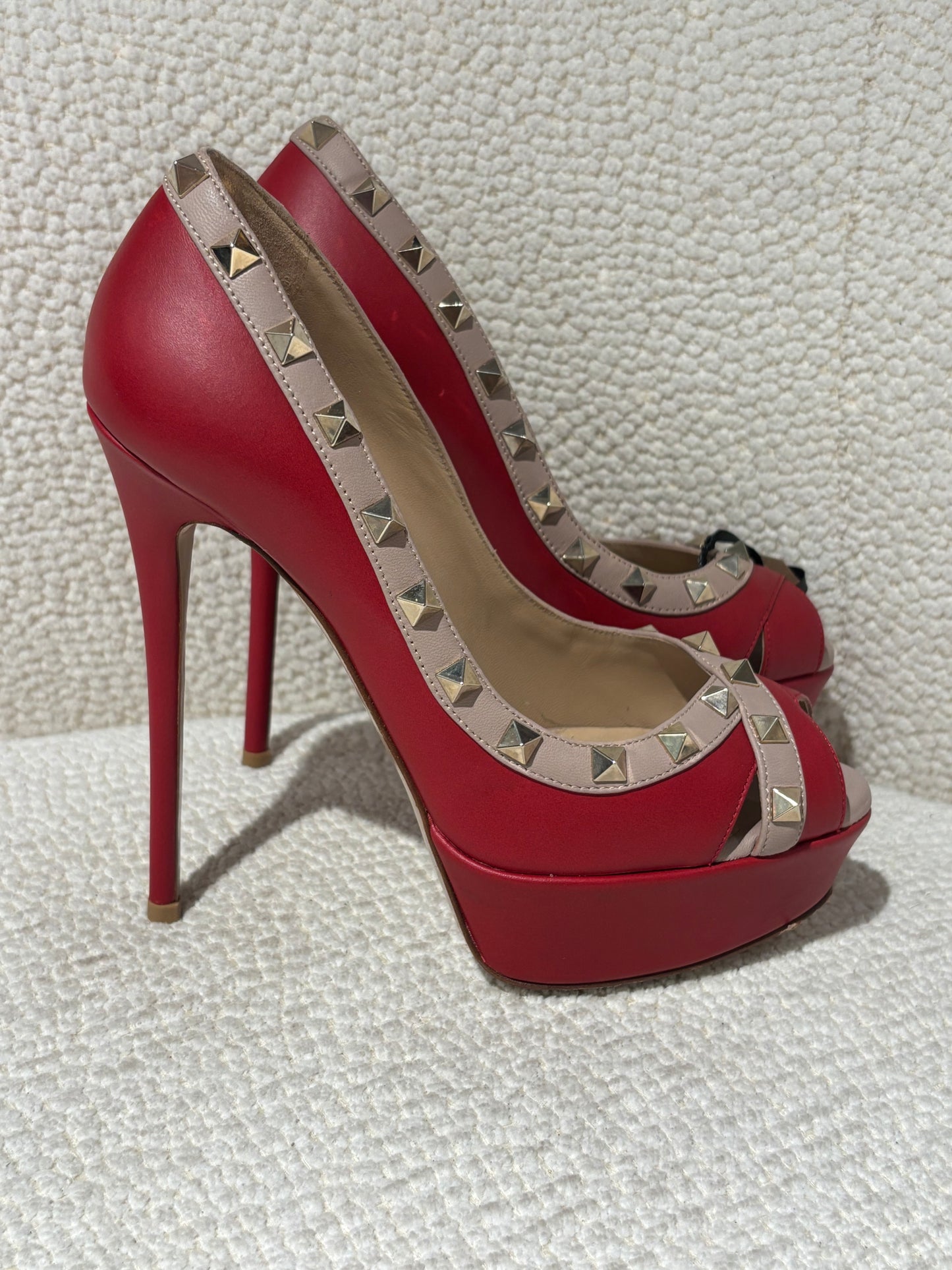 Valentino Platform Heels – Red Leather with Pink Trim & Studs - EU 36