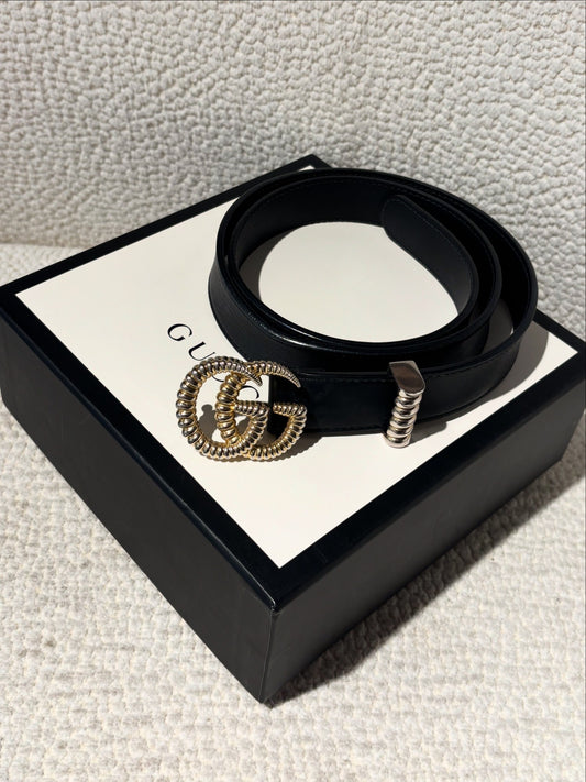 Gucci GG Slim Belt - Black with Unique Gold GG Logo - Size 80
