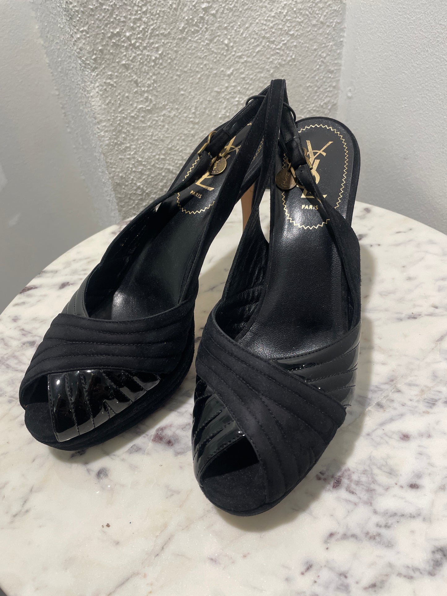 Vintage Yves Saint Laurent YSL Black Suede & Patent Leather Slingback Platform Heels - 39,5