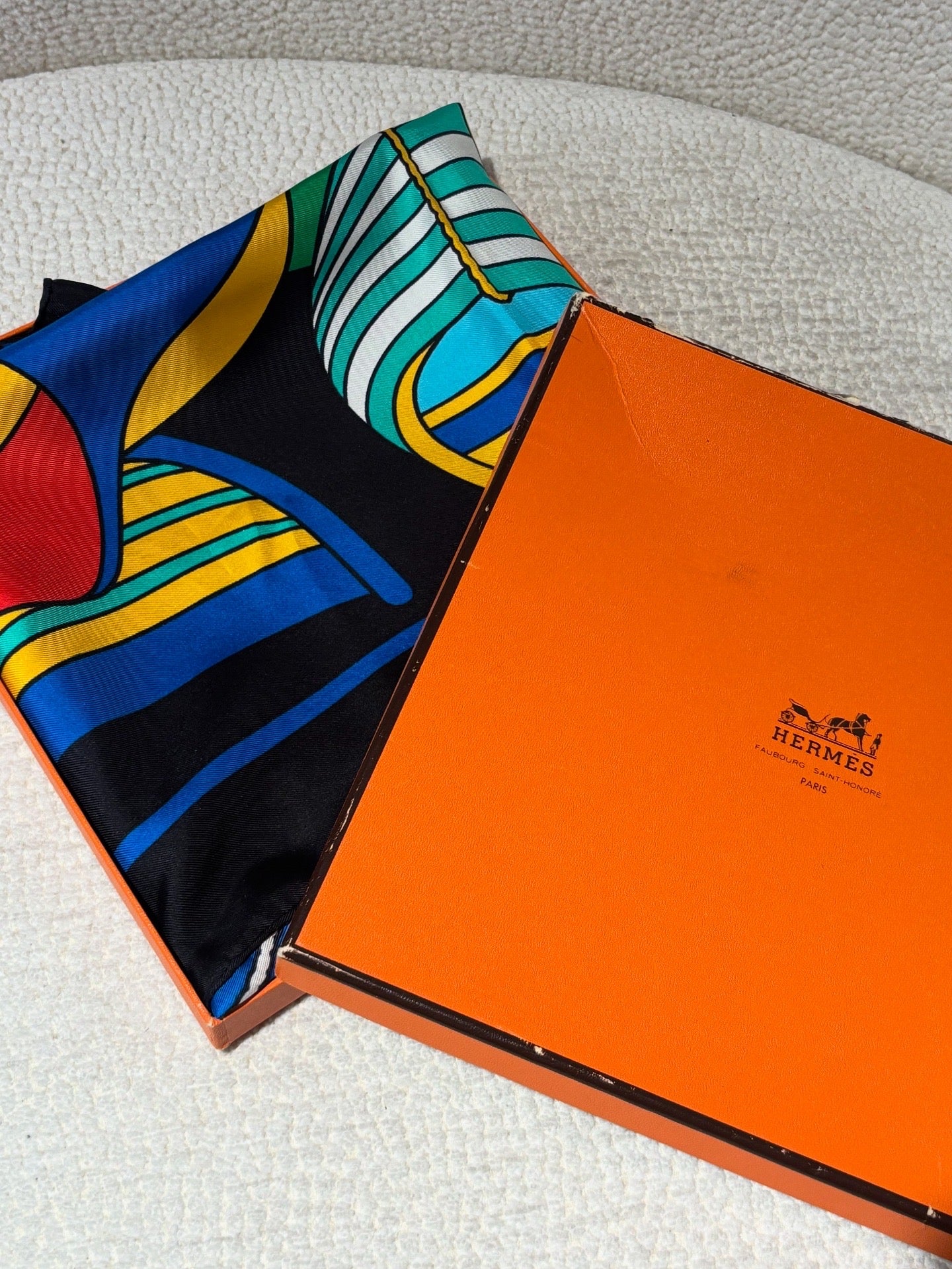 Vintage Hermés Silk Scarf - Black with Vibrant Boat Pattern