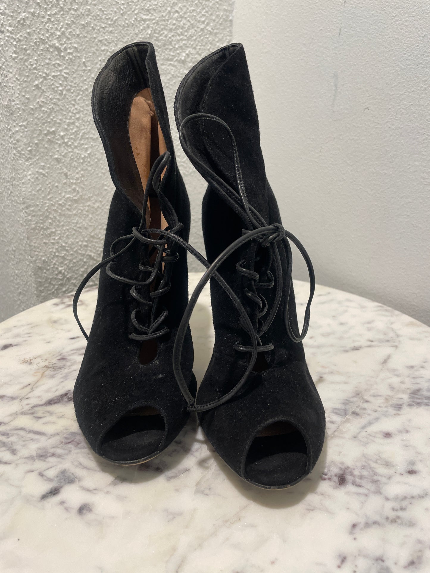 Gianvito Rossi Black Suede Lace-Up Peep-Toe Booties - 36