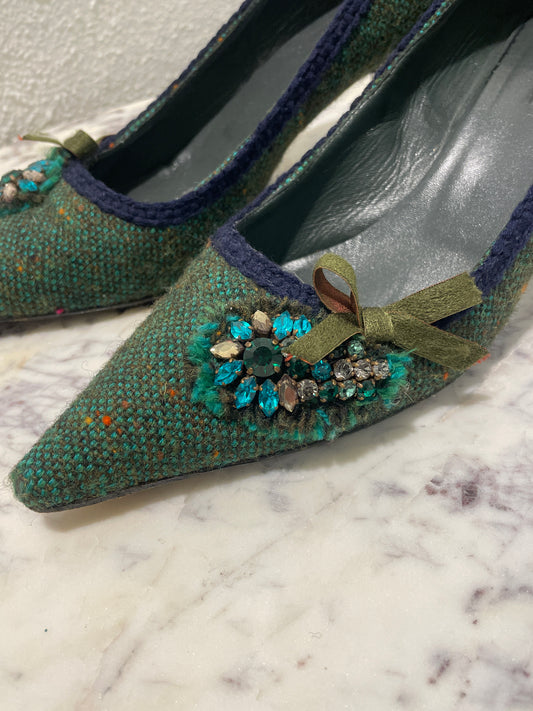 Prada Green Tweed Embellished Pointed-Toe Kitten Heels -