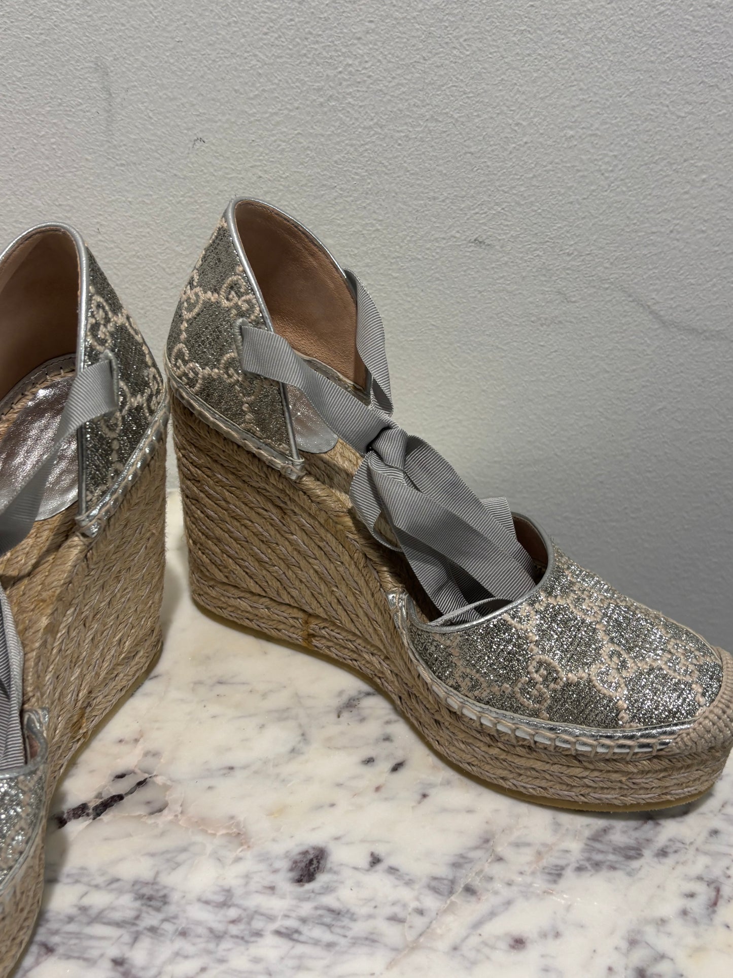 Gucci Wedge Sandals - Silver Monogram - EU 40