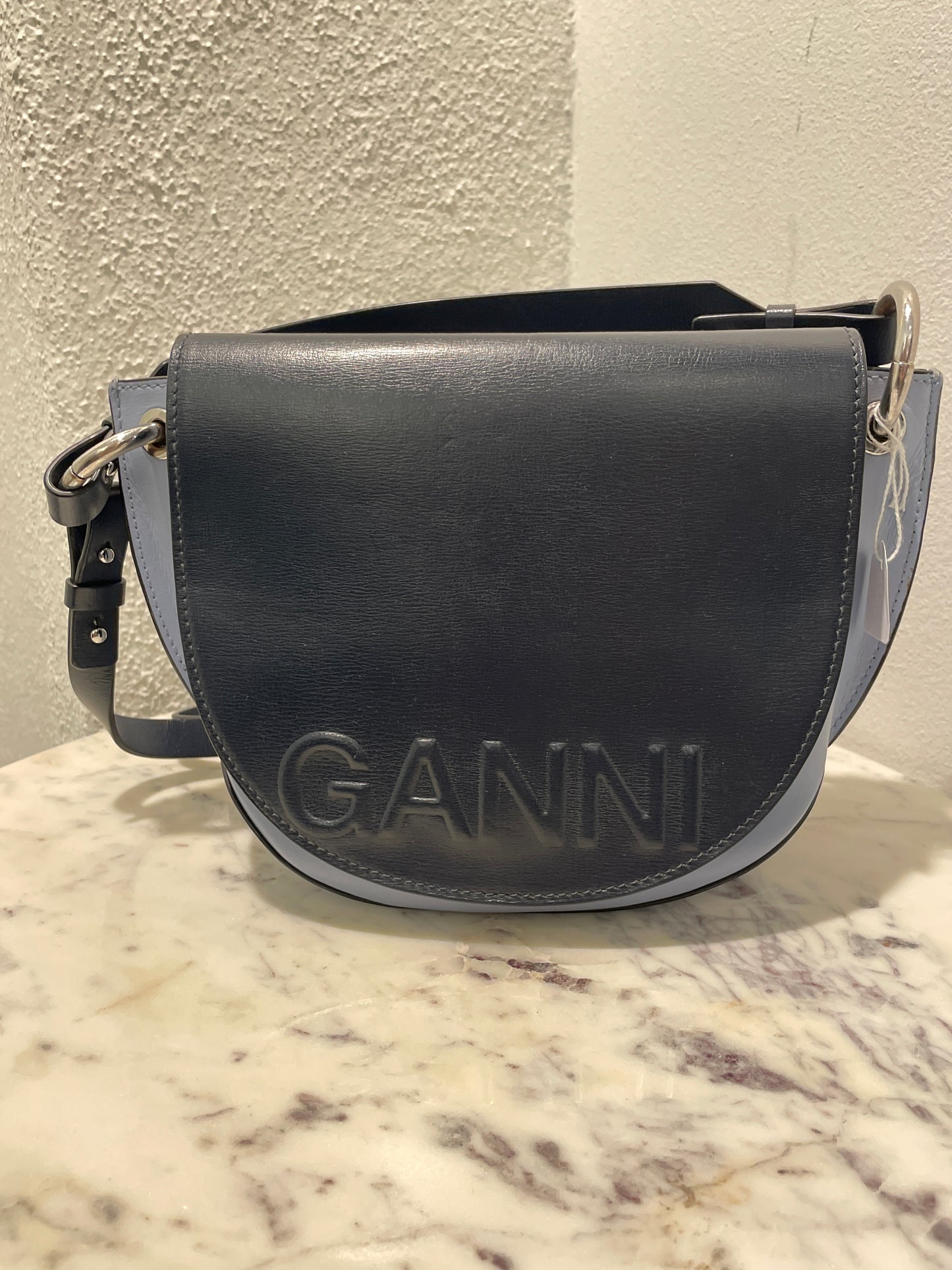 Ganni Banner Two-Tone Saddle Shoulder Bag - Navy / light blue