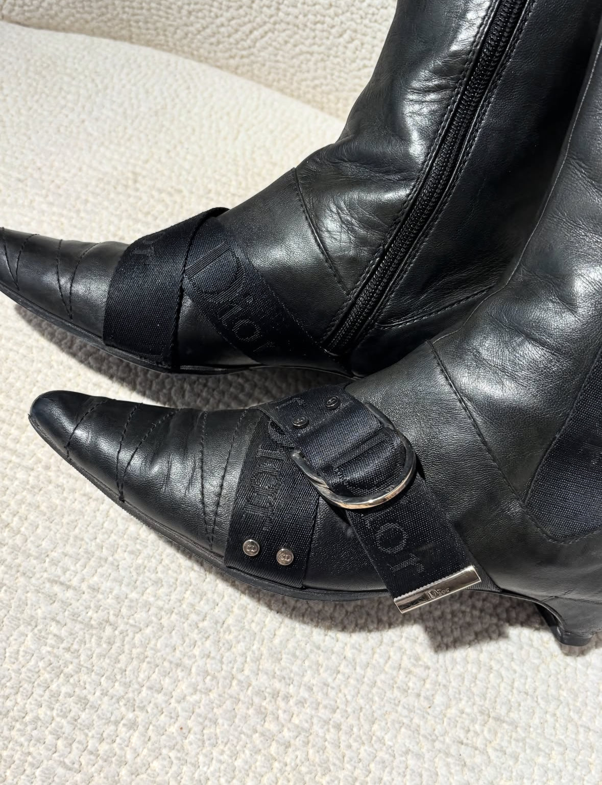Dior Knee-High Boots – Black Leather with Logo Straps & Stud Details – EU 38
