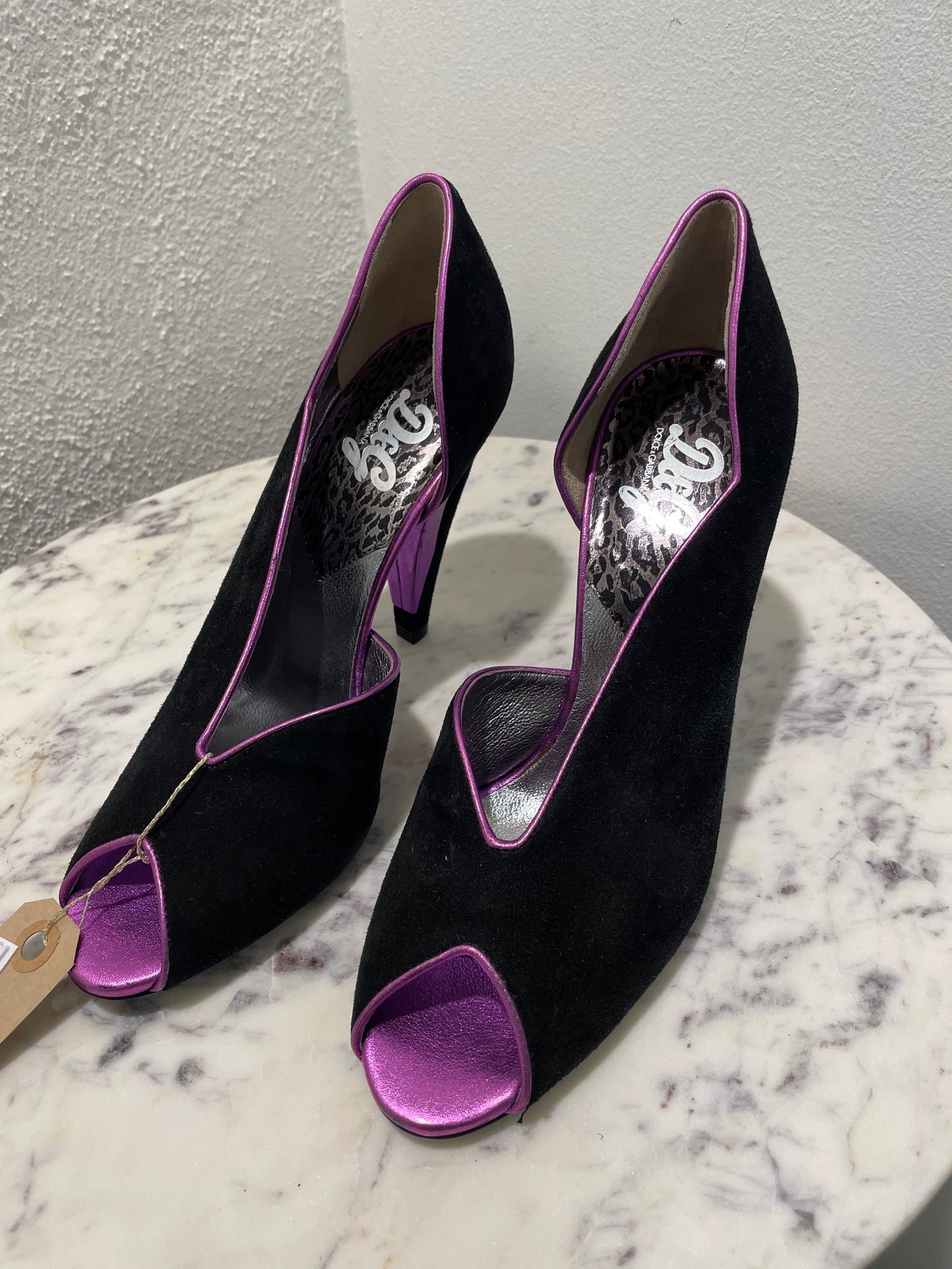 Vintage Dolce & Gabbana Black Suede Peep-Toe Pumps with Purple Heel Accents - 38