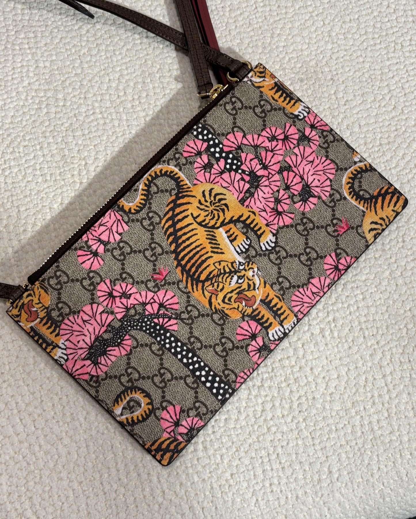 Gucci GG Supreme Bengal Blooms Dual Pouch Shoulder Bag - Beige Monogram Canvas & Blooms/Bengal Tiger