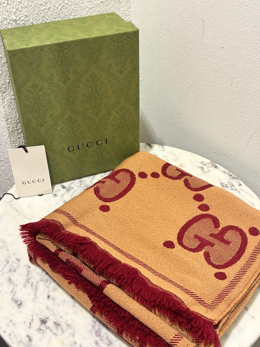 Gucci Monogram Scarf - Cashmere - Camel & Burgundy