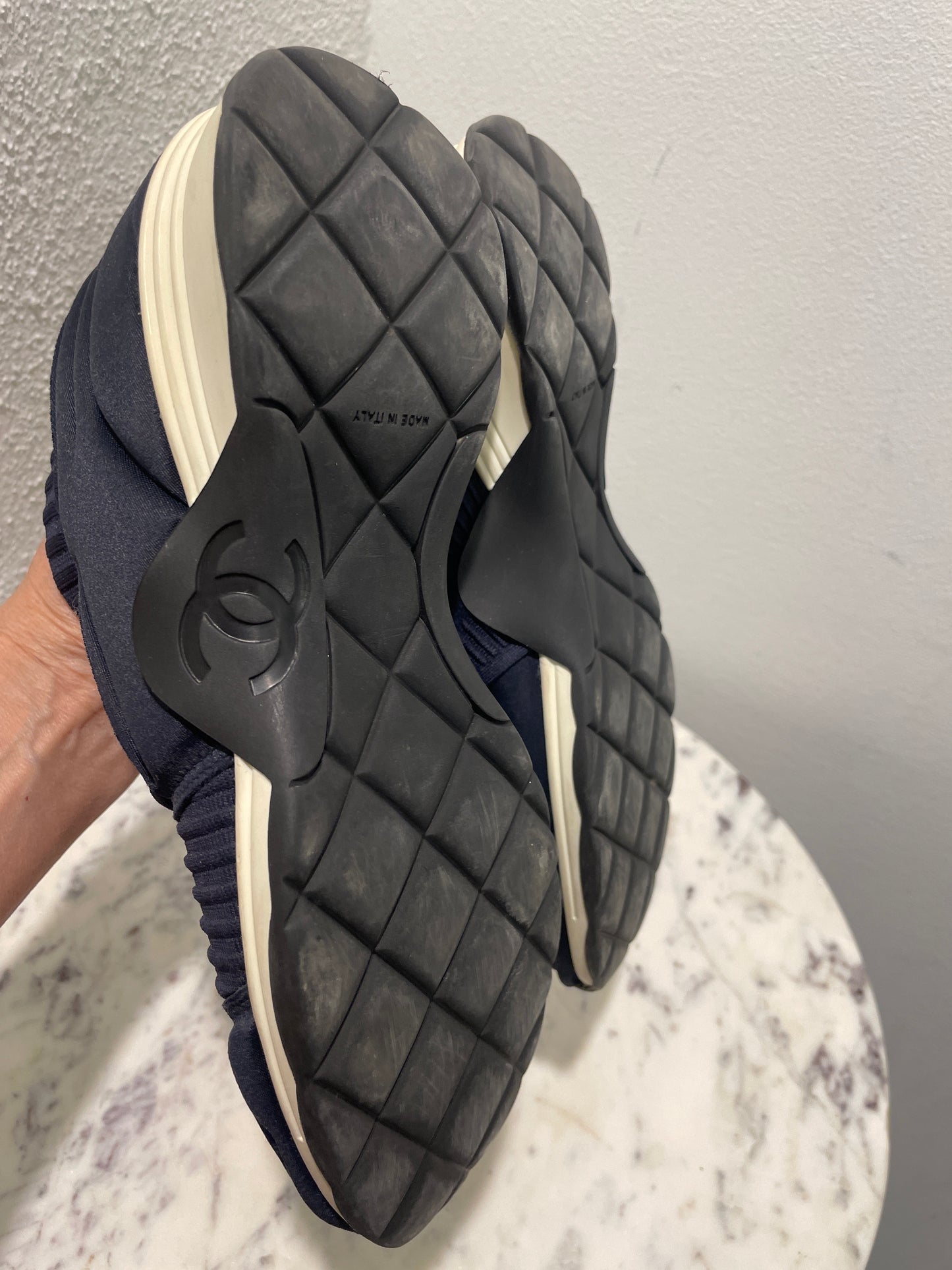 Chanel Navy Blue Knit High-Top Sock Sneakers - 38