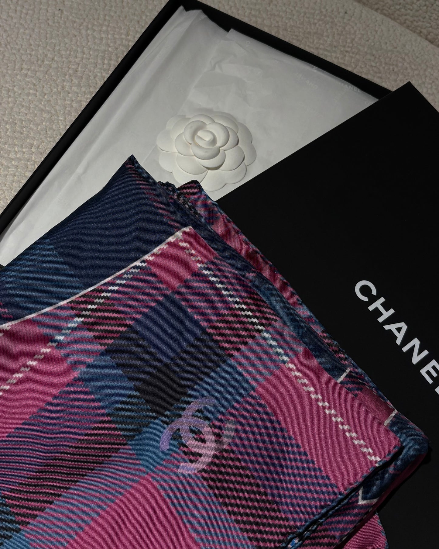 Chanel Scarf - Silk - Blue, Purple & Pink Plaid with Logos