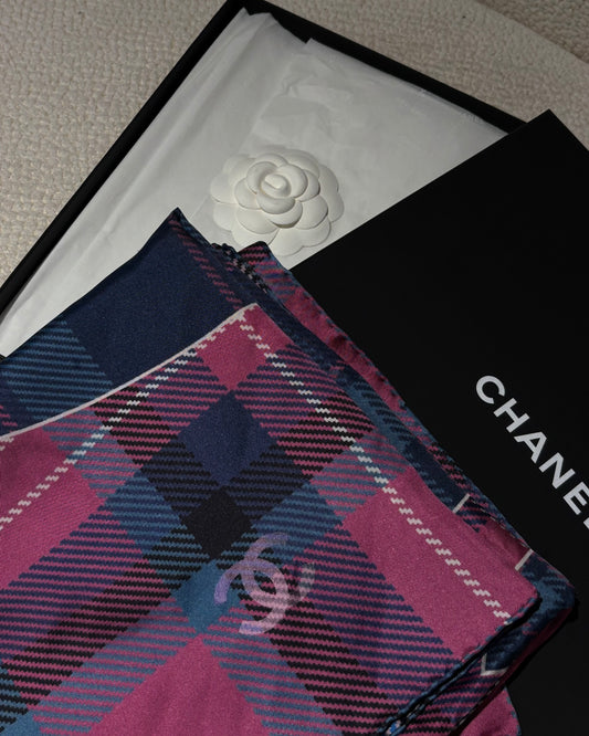Chanel Scarf - Silk - Blue, Purple & Pink Plaid with Logos