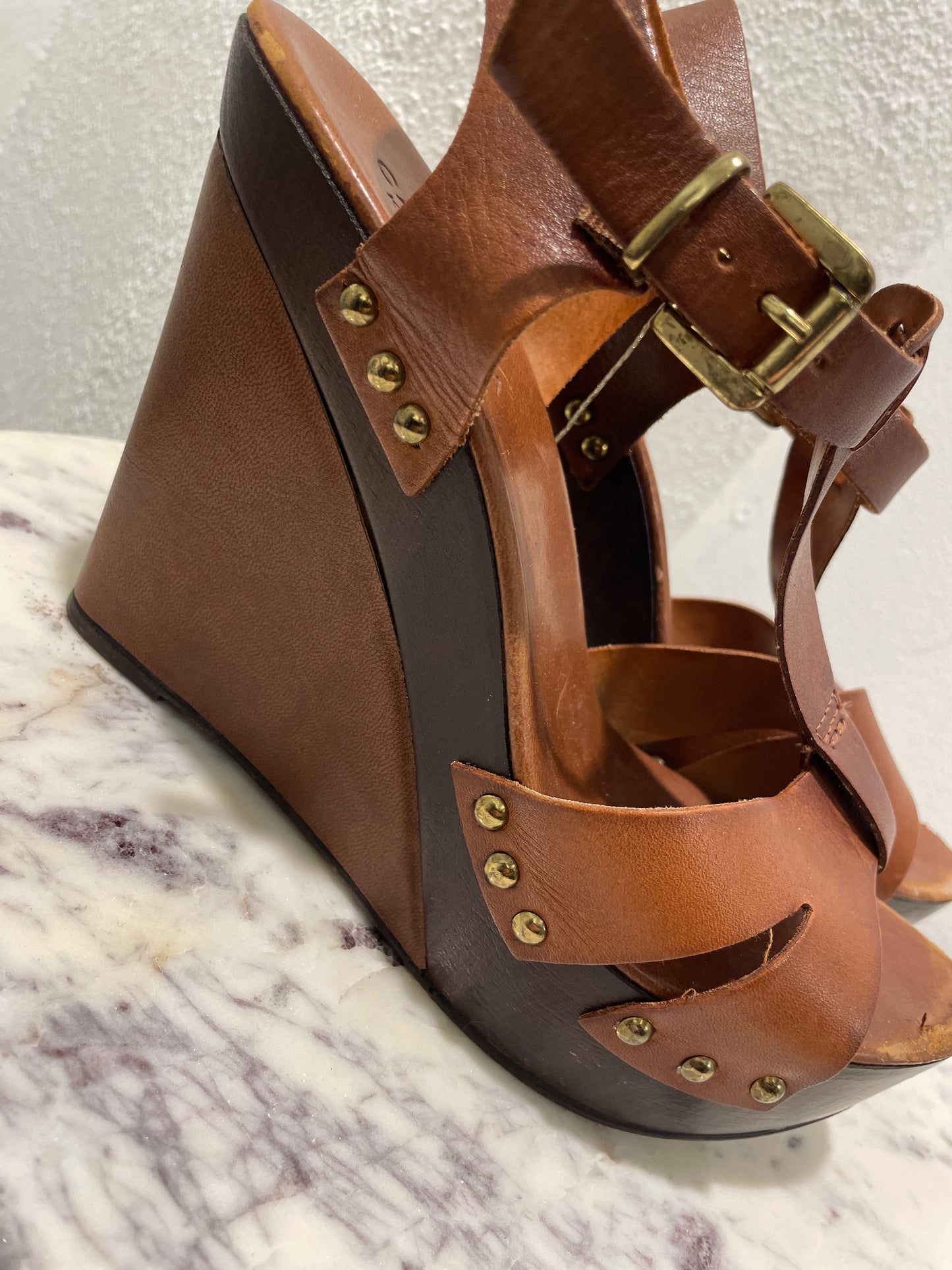 Carvela Kurt Geiger 'Katey' Tan Brown Leather Platform Wedge Sandals - 39