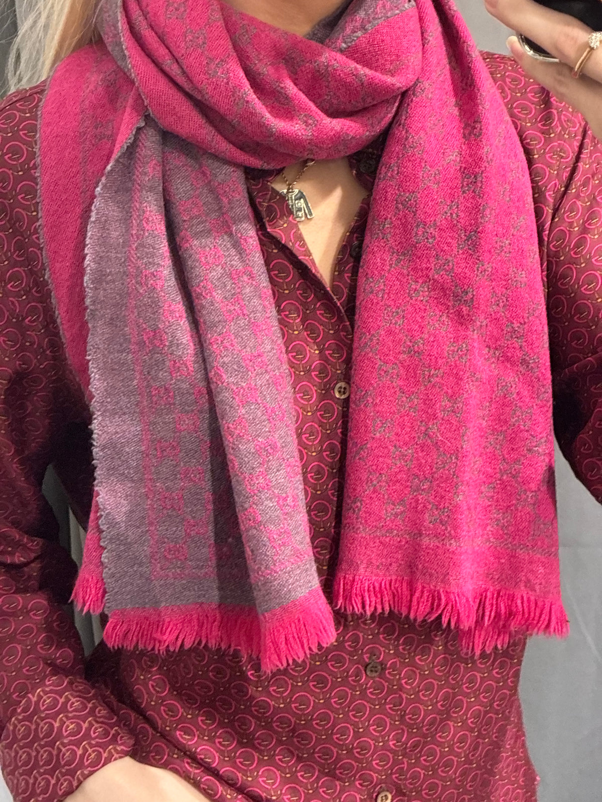 Gucci Monogram Scarf - Grey & Pink