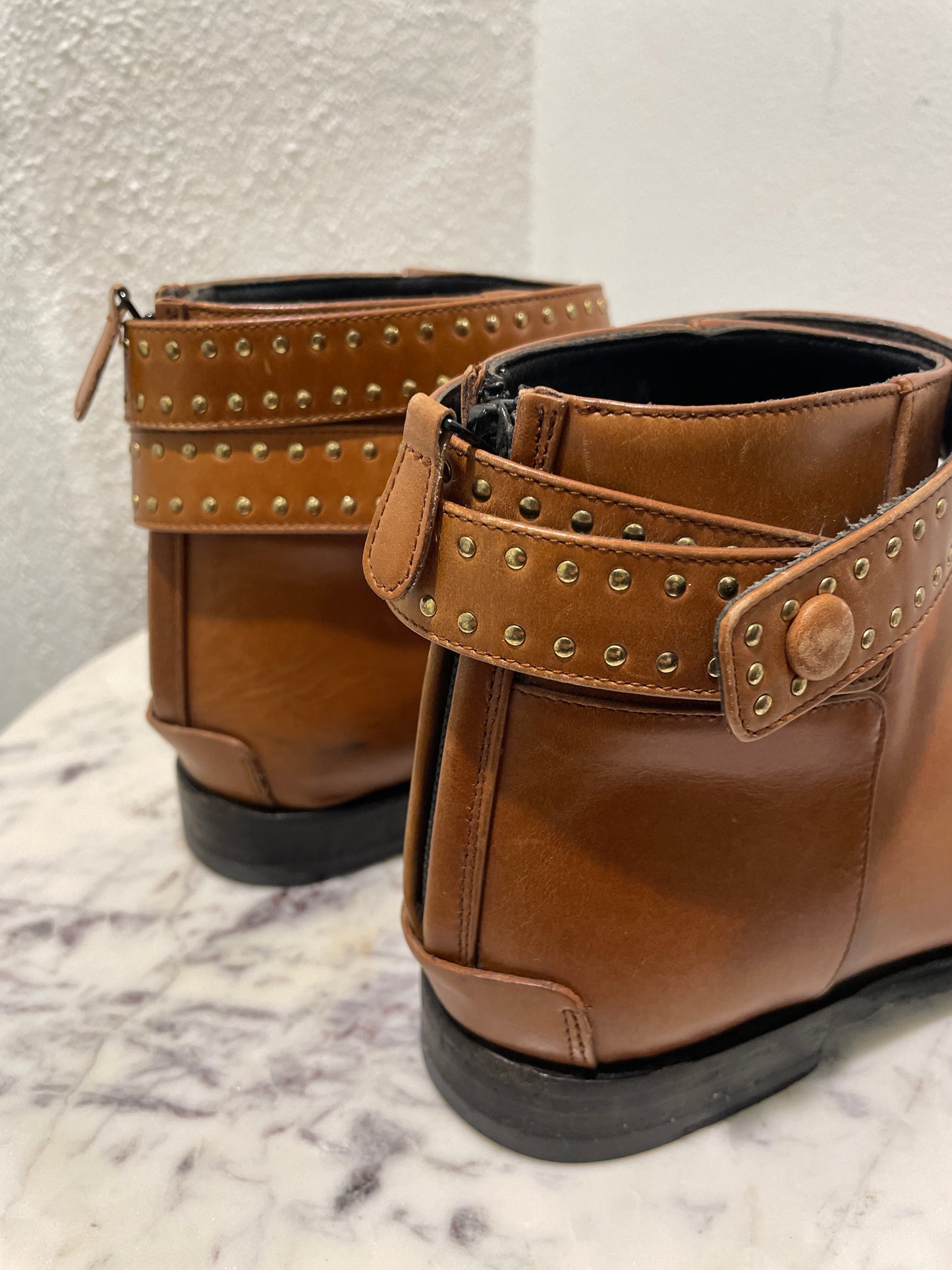 Vintage Balenciaga Cognac Tan Leather Studded Ankle Boots - 37,5