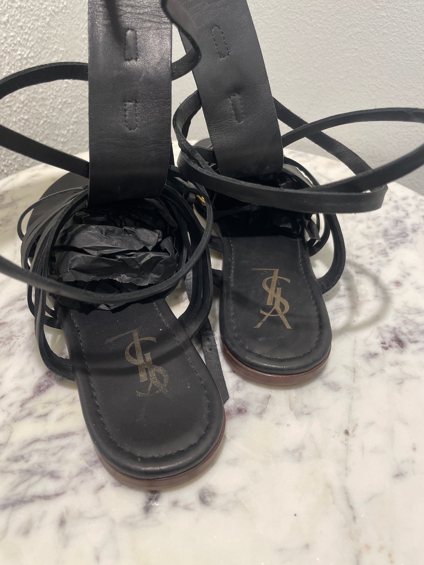 Vintage Yves Saint Laurent YSL Black Leather Lace-Up Gladiator Sandals - 37,5