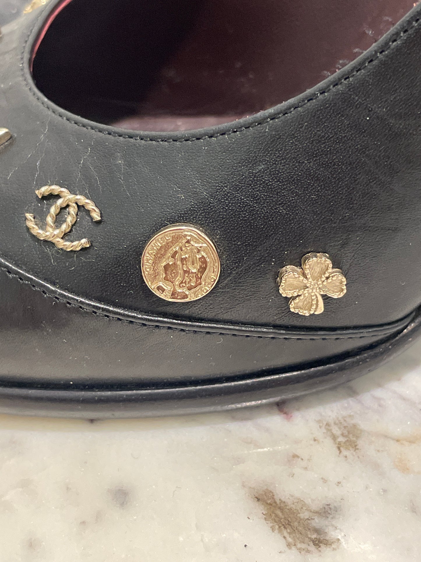 Chanel Heels – Rare in Black Leather & Gold Medallion Symbols - EU 40C