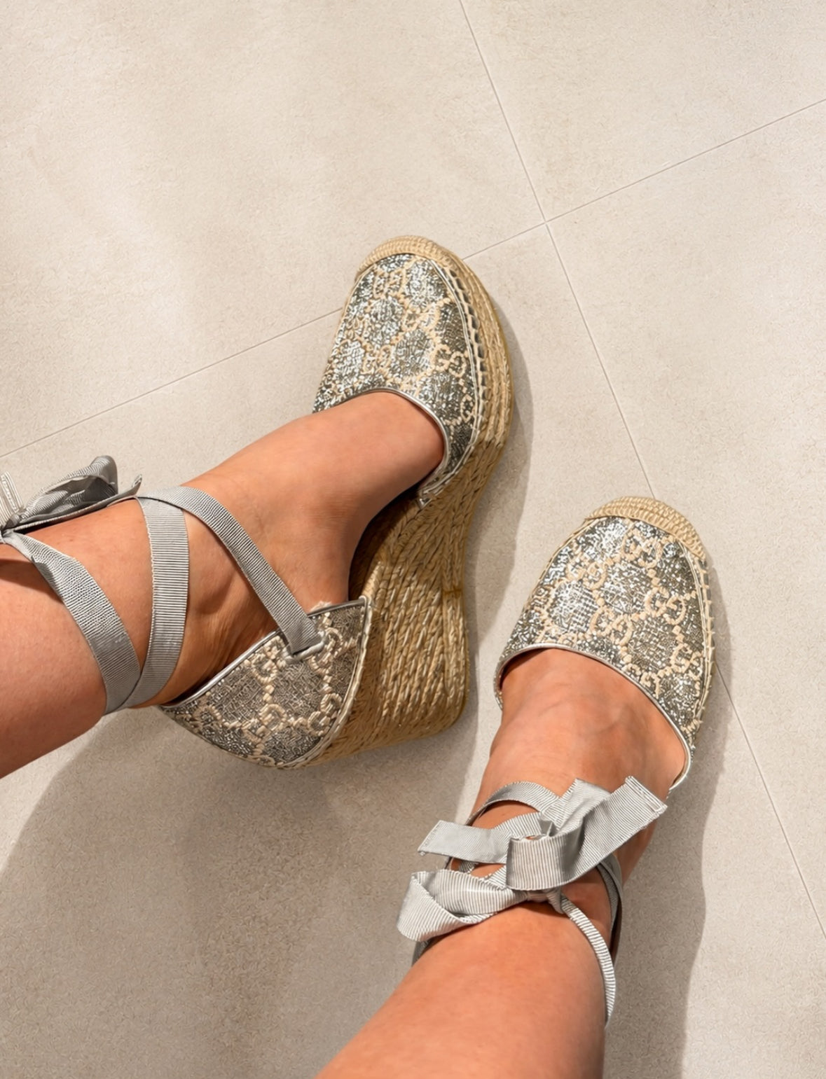 Gucci Wedge Sandals - Silver Monogram - EU 40